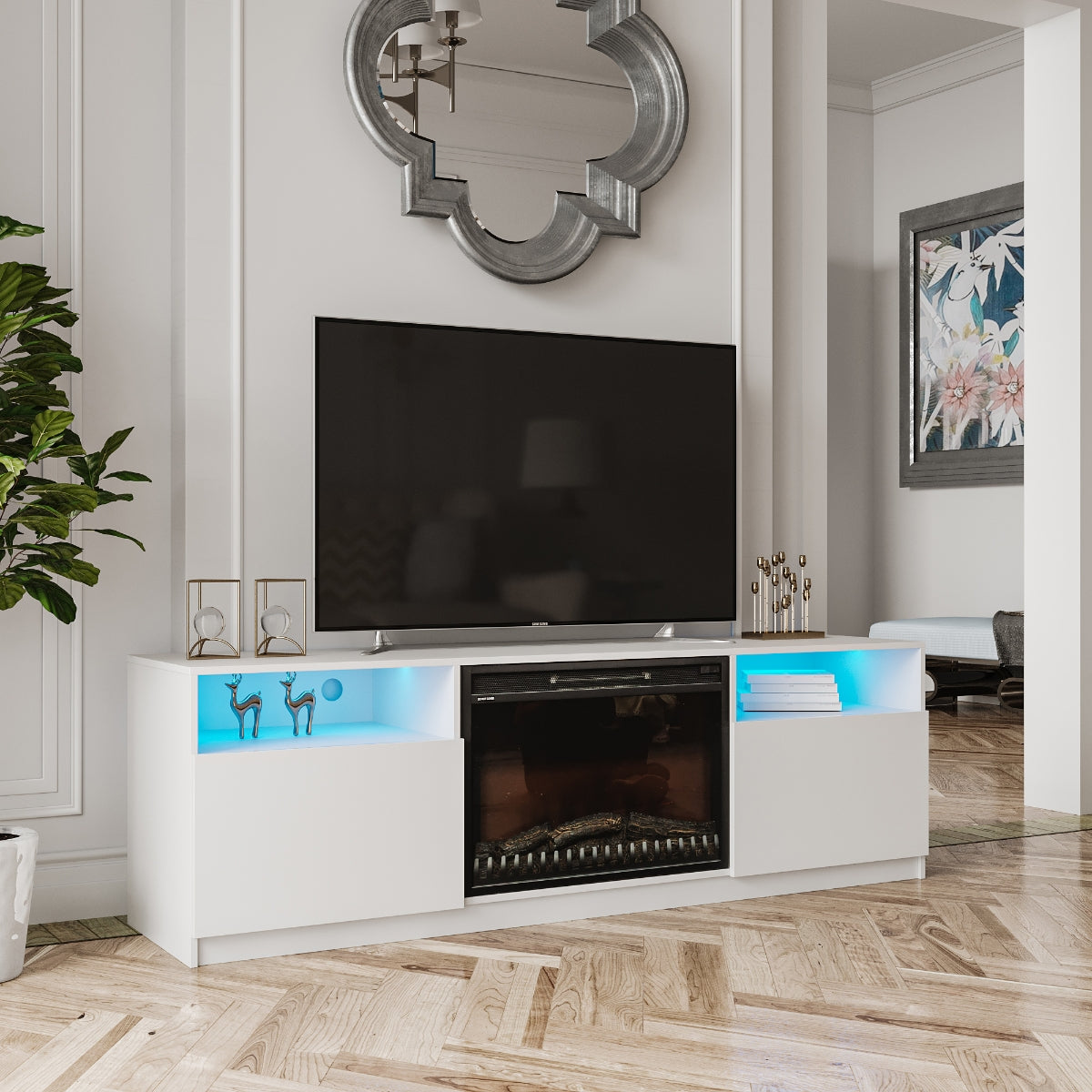 Amari Electric Fireplace TV Stand - 60 Inch Modern Entertainment Center with Heater, Storage Shelves - Perfect for Living Room, Bedroom & Home Theater Setup