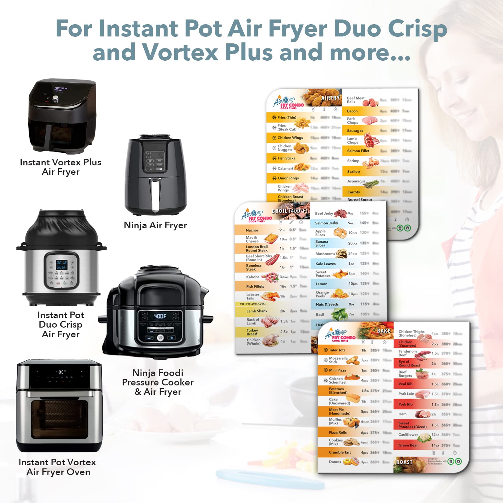 Air Fryer Magnetic Cheat Sheet Set - Cooking Times Chart & Quick Reference Guide for Instant Pot Duo Crisp & Air Fryer Ovens | Essential Kitchen Accessories for Healthy Frying (White)