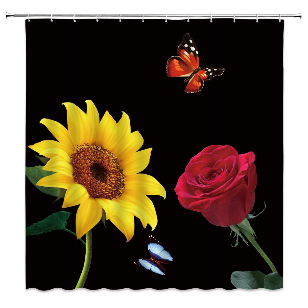Vintage Sunflower Rose Shower Curtain - Rustic Wildflower Design with Yellow Sunflowers, Red Roses & Butterflies - Farmhouse Bathroom Decor for Country & Romantic Home Style (Includes Hooks) - Perfect for Spring Nature-Themed Bathrooms & Cozy Farmhouse Aesthetics