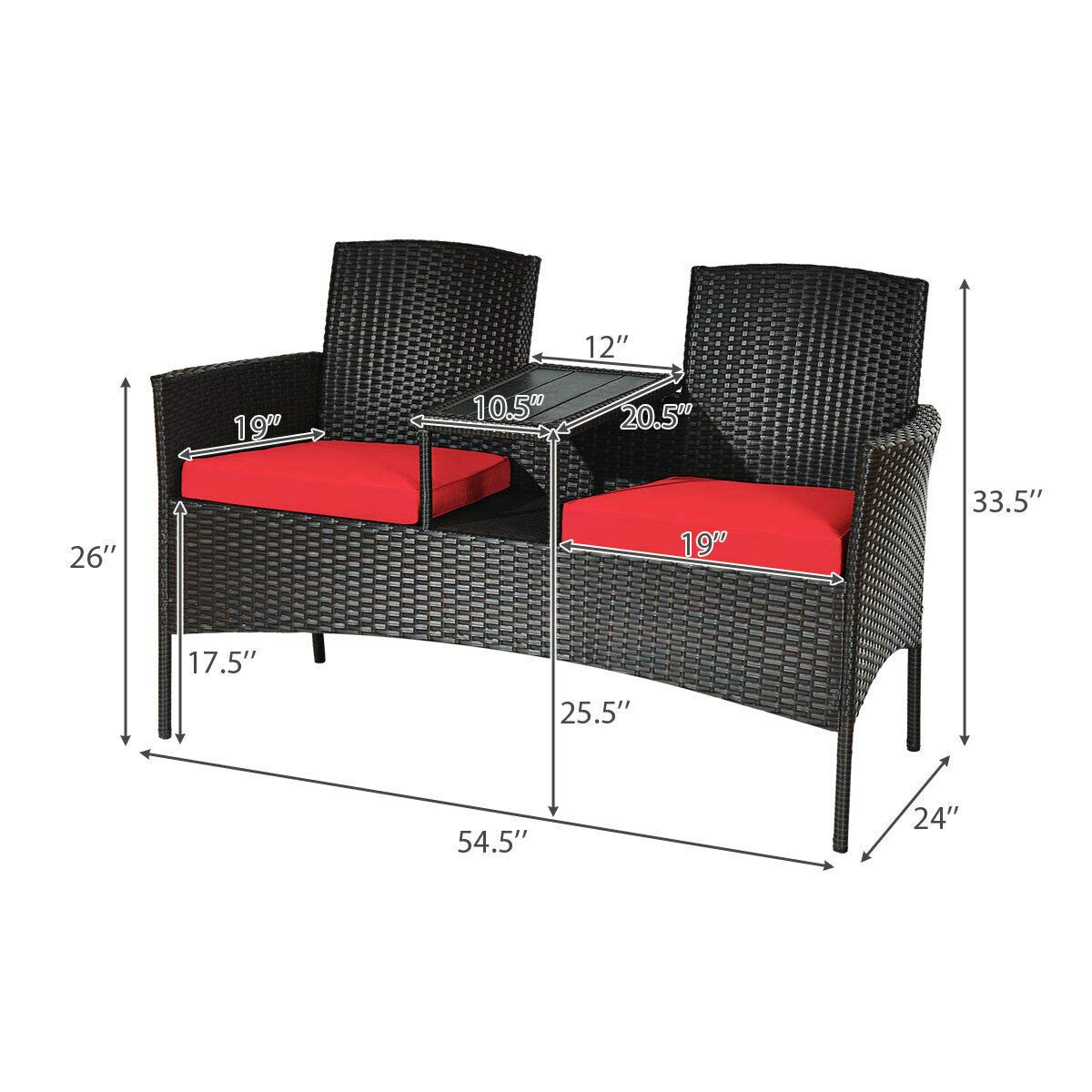 RELAX4LIFE Outdoor Rattan Wicker Conversation Set with Coffee Table & 2 Removable Cushion Chairs - Patio, Garden, Balcony, Lawn Furniture Loveseat (Brown+Red) - Perfect for Backyard Relaxation, Poolside Lounging & Outdoor Entertaining