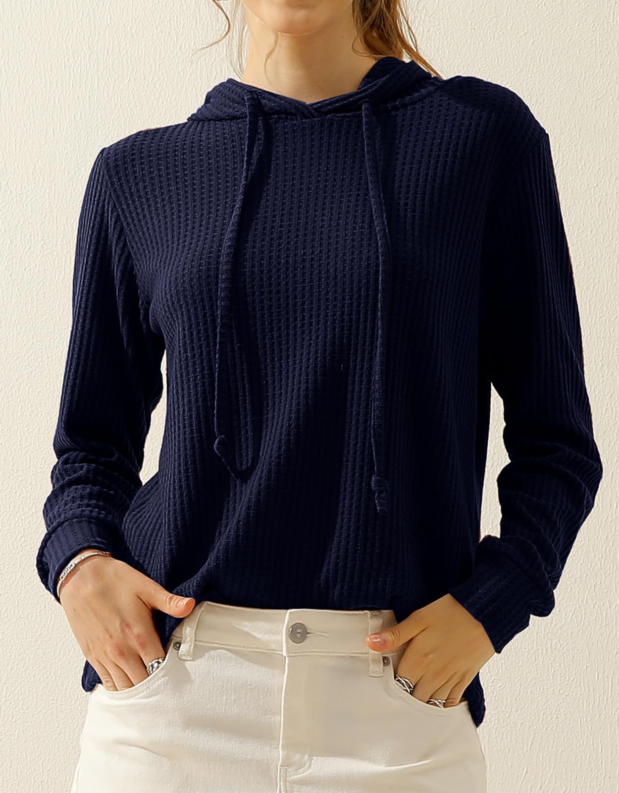 DOUBLJU 2 Pack Women's Casual Long Sleeve Oversized Hoodies - Waffle Knit Sweatshirts, Basic Hooded Loose Tops for Workout, Lounge & Everyday Wear