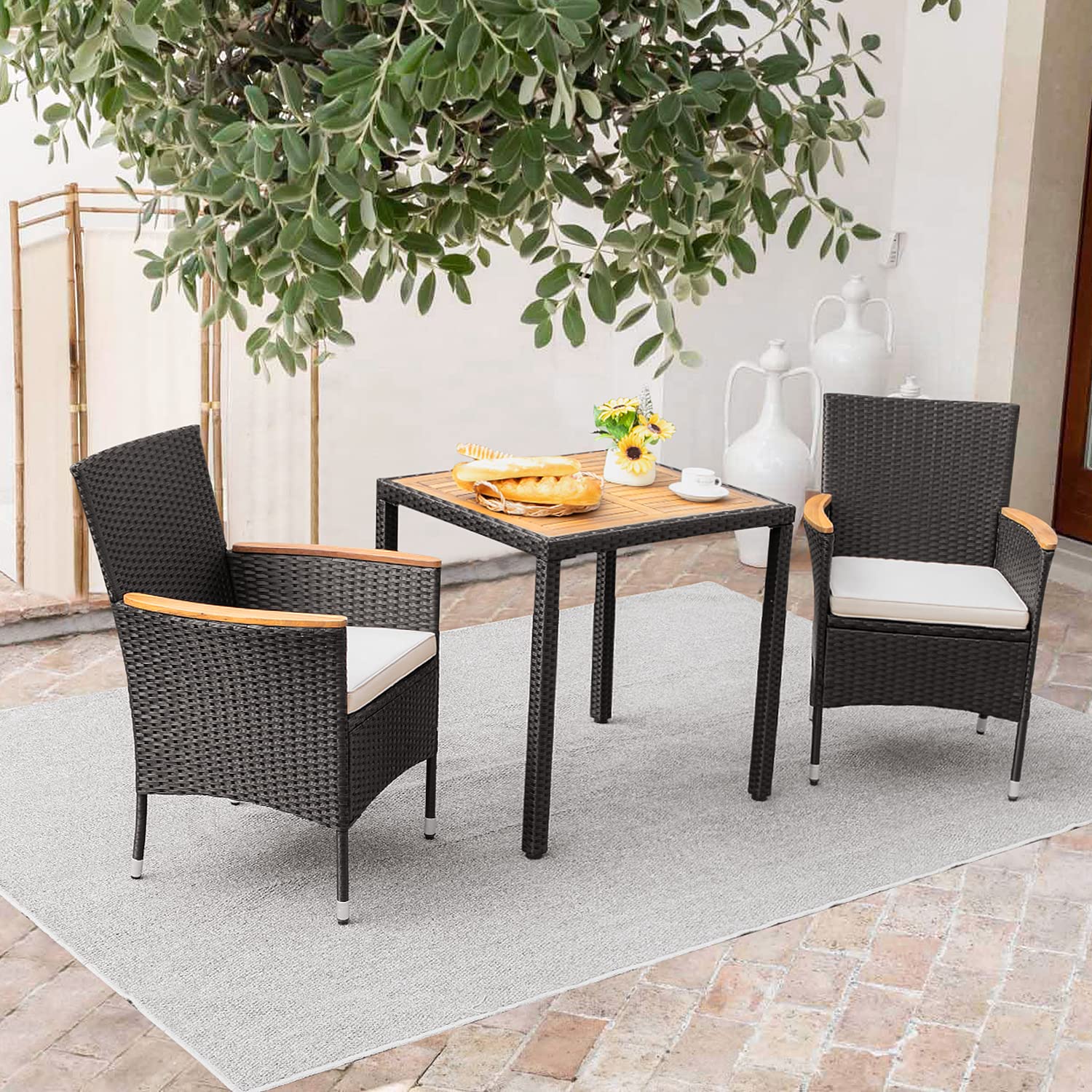 Flamaker 3-Piece Outdoor Patio Dining Set - Acacia Wood Table & Wicker Chairs with Cushions - Weather-Resistant Black Furniture for Deck, Backyard, Porch, Garden - Perfect for Outdoor Entertaining & Relaxation