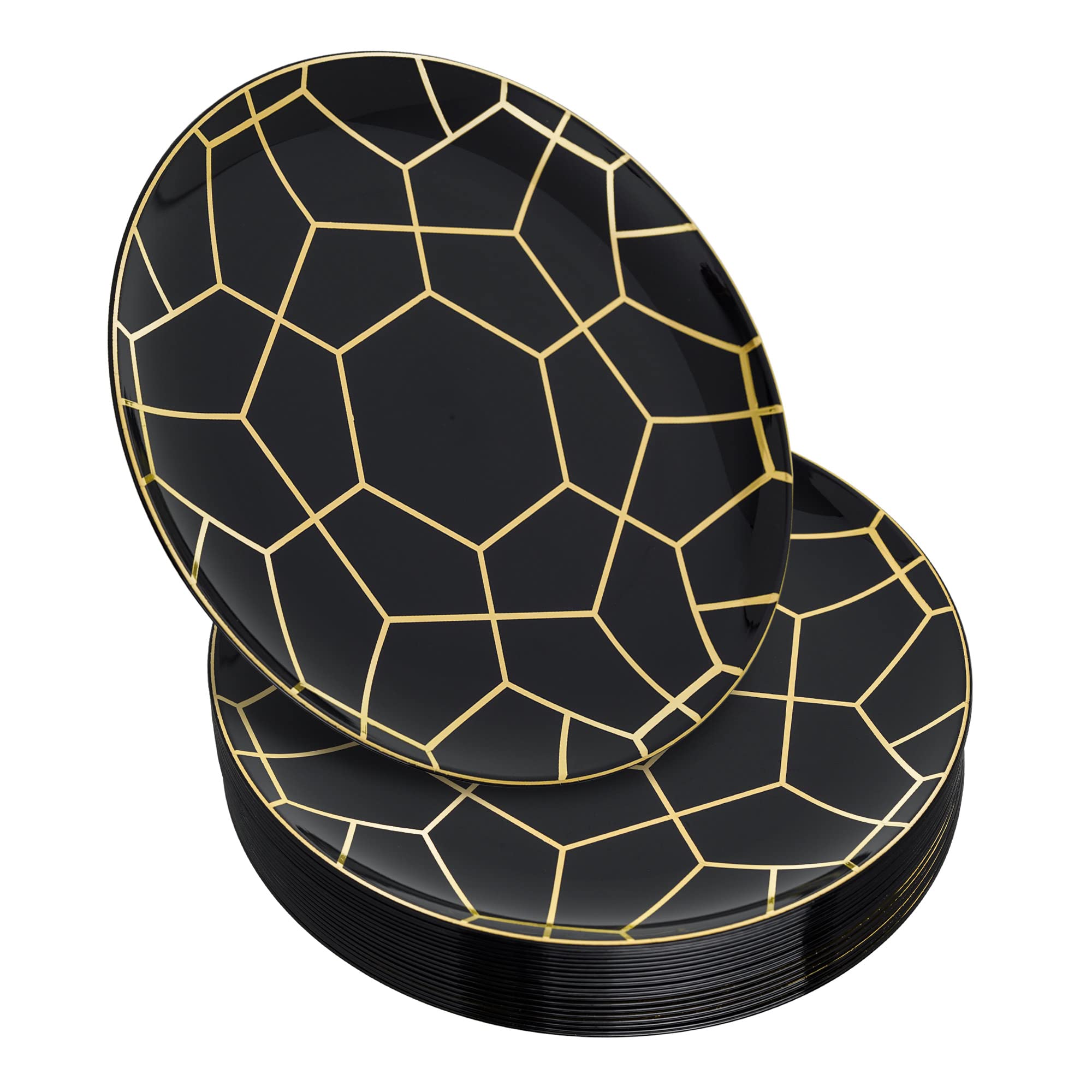 20-Pack STACKABLES 7.5 Inch Black & Gold Reusable Plastic Dinner Plates - 19cm Round Wedding & Party Plates for Catering, Events, Picnics - Durable Hard Plastic Dish Set for Elegant Dining & Outdoor Entertaining