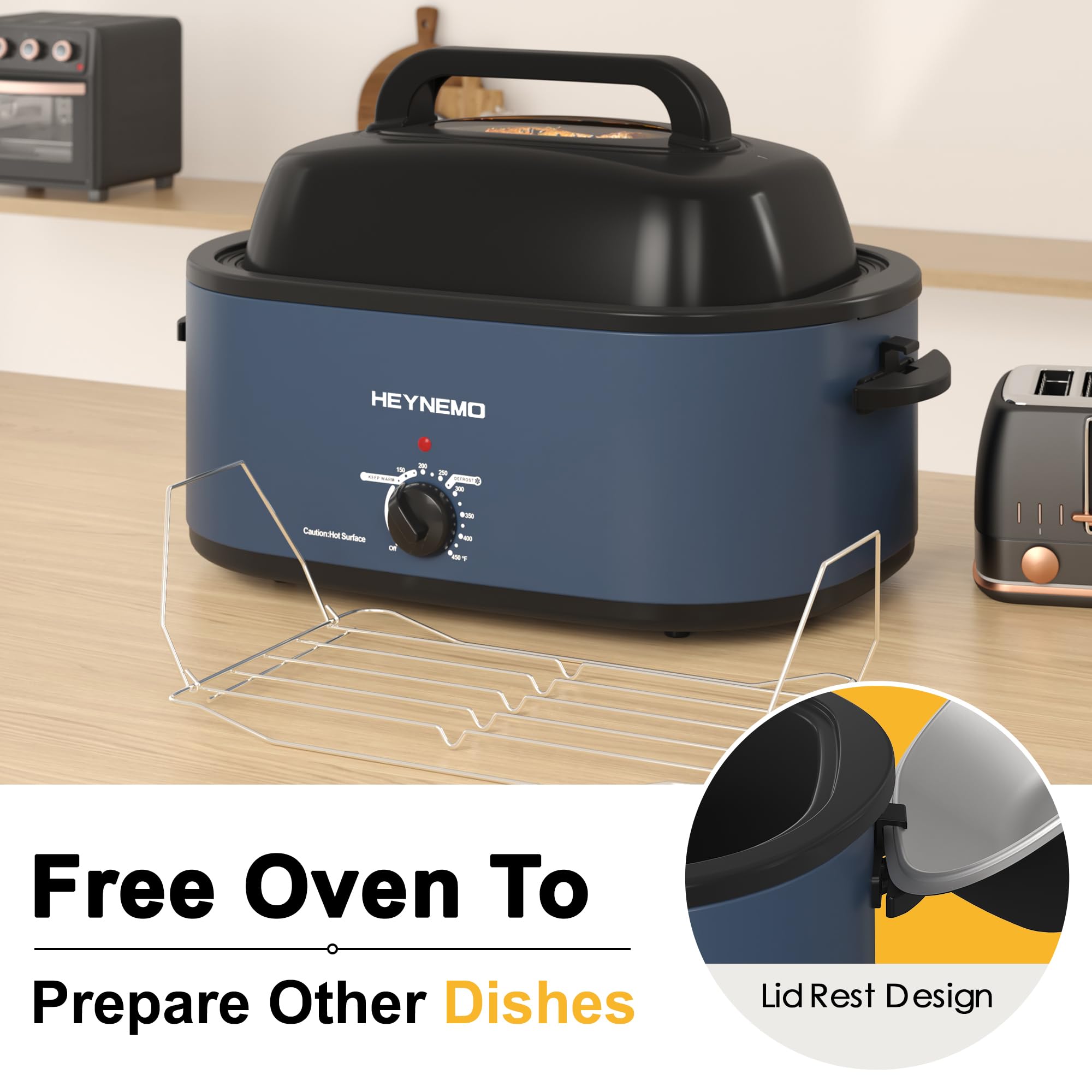26QT Electric Roaster Oven with Viewing & Self-basting Lid, Stainless Steel Turkey Roaster Oven in Blue – Perfect for Holiday Feasts and Family Gatherings