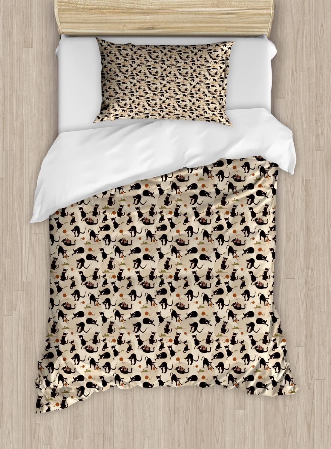 Ambesonne Cat Duvet Cover Set - Queen Size 2-Pack with 2 Duvet Covers & 4 Pillowcases | Hand-Painted Feline Design Featuring Playful Cats with Yarn Ball and Mouse | Black, Tan & Sea Green Pet-Themed Bedding | Perfect for Cat Lovers' Bedroom Decor and Cozy Home Styling