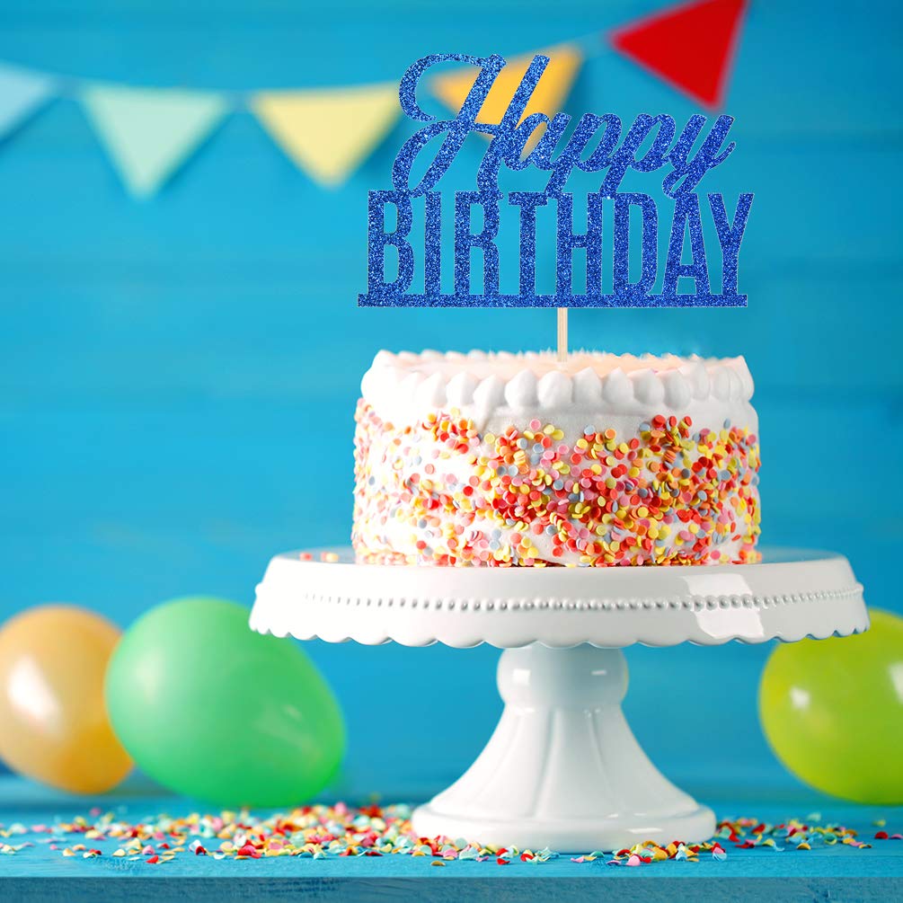 Blue Glitter Happy Birthday Cake Topper - Anniversary Party Decorations for Adults & Kids - Cake Decorating Supplies for Birthday Celebrations | Perfect for Wedding, Baby Shower & Graduation Parties