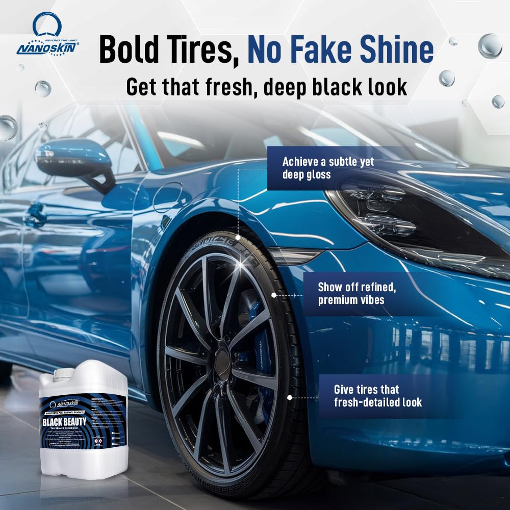 Nanoskin Black Beauty Tire Shine & Conditioner 5 Gallons - Water-Repellent UV Resistant Tire Shine Spray - Non-Greasy Formula Restores Deep Black Finish - Works with Manual & Automatic Applicators for Cars, Trucks, SUVs - Perfect for Car Detailing, Auto Show Prep & Daily Vehicle Maintenance
