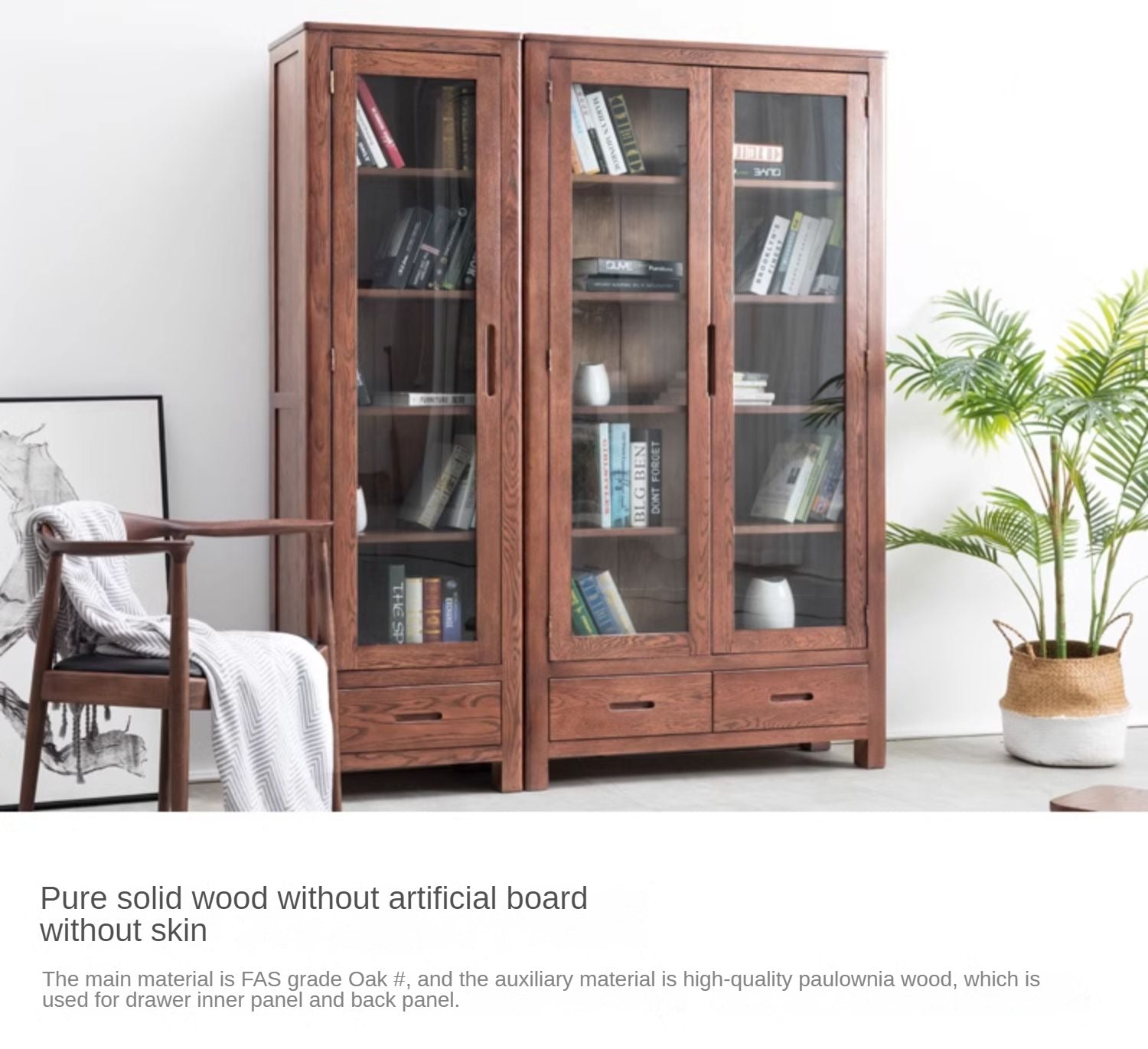 Oak Solid Wood Nordic Bookcase with Glass Door - Modern Bookshelf for Living Room, Office & Study - Perfect for Home Decor & Storage