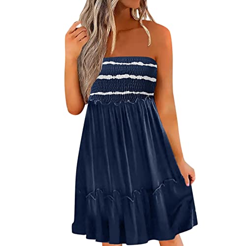 Women's Striped Strapless Smock Dress - Long Beach Cover Up, Summer Casual Maxi Dress (Dark Blue, XXL) | Perfect for Beach Vacations, Pool Parties & Outdoor Events