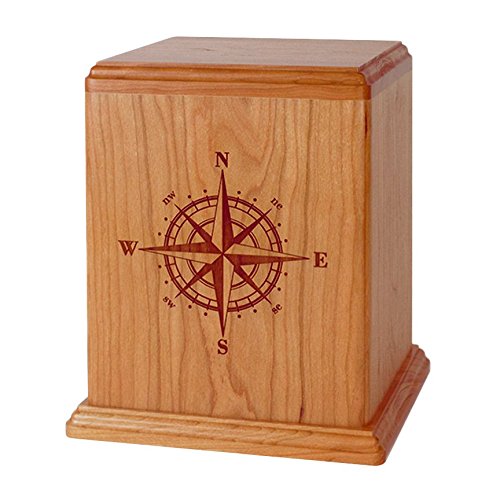 Handcrafted Wood Cremation Urn - Natural Cherry Finish with Compass Rose Design | Memorial Keepsake for Ashes | Perfect for Home Display & Memorial Services