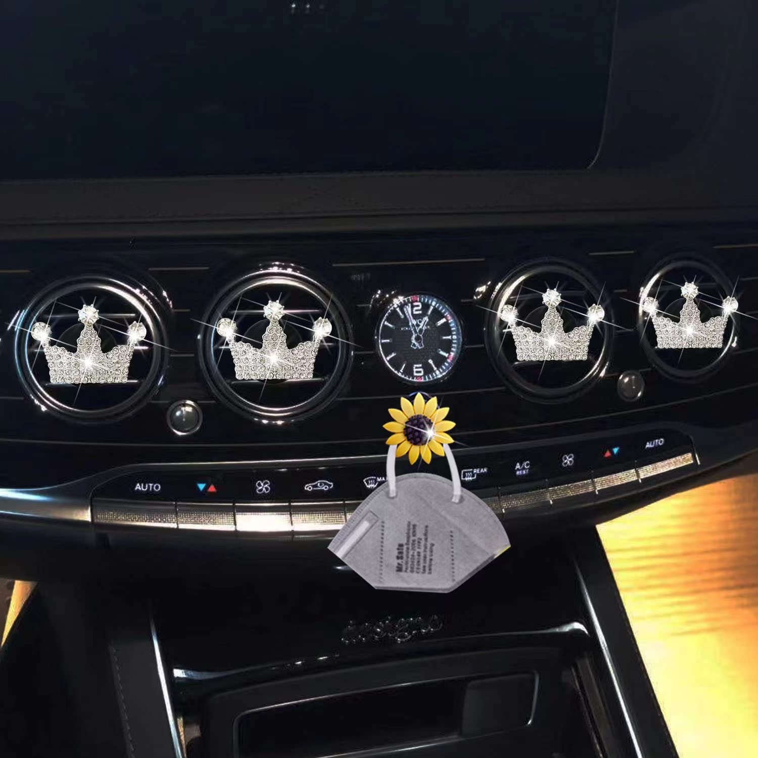 4PCS Bling Crown Car Air Vent Clips - Elegant Car Air Freshener & Diffuser with Sunflower Mask Hook - Cute Car Interior Decor for Women - Perfect for Daily Commute, Road Trips & Gift Giving
