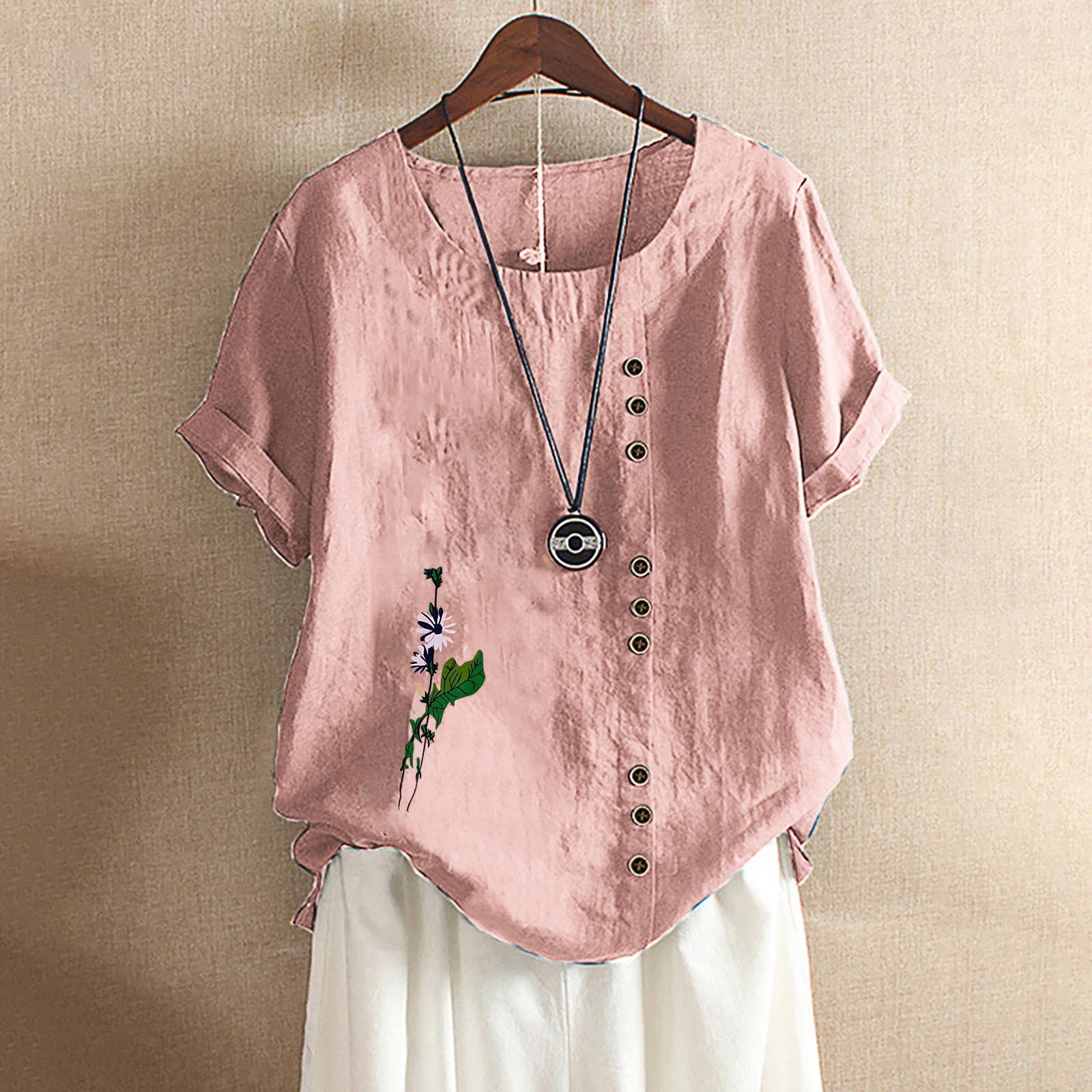 Women's Summer Floral Print Cotton Linen Short Sleeve T-Shirt - Loose Fit Casual Crew Neck Blouse for Plus Size - Perfect for Beach Outings, Picnics & Everyday Wear