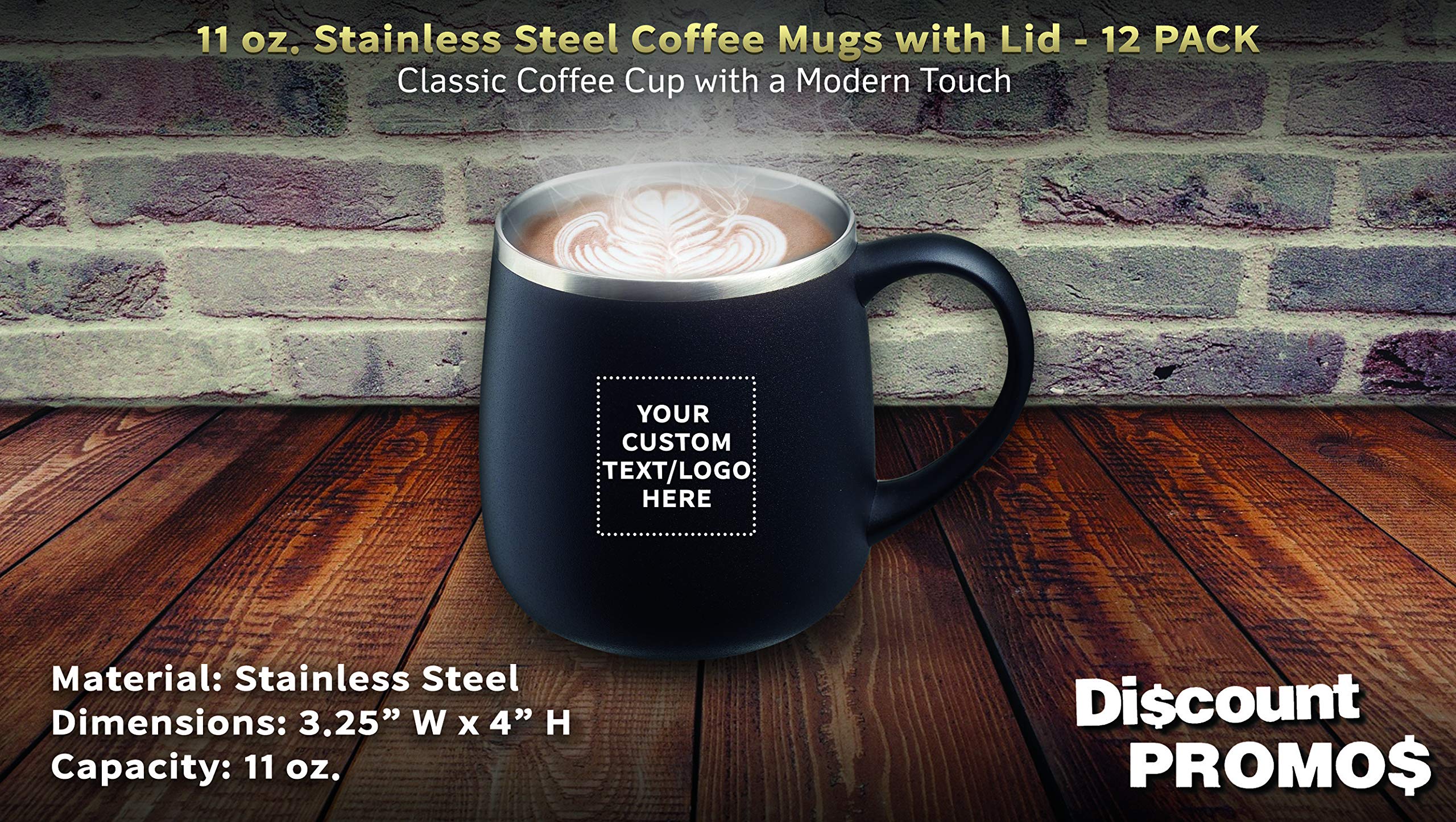 Custom 11 oz. Stainless Steel Coffee Mugs with Lid - 12 Pack Personalized Text/Logo - Black - Perfect for Office Gifts, Corporate Events & Brand Promotions