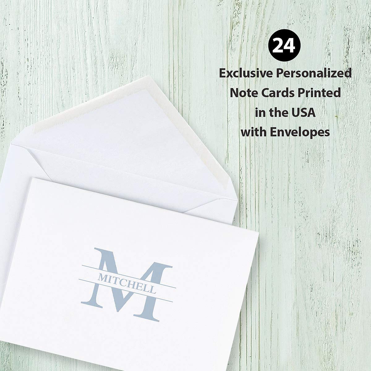 Personalized Blue Monogram Note Card Set - 24 Blank Inside Cards with White Envelopes, 4.25