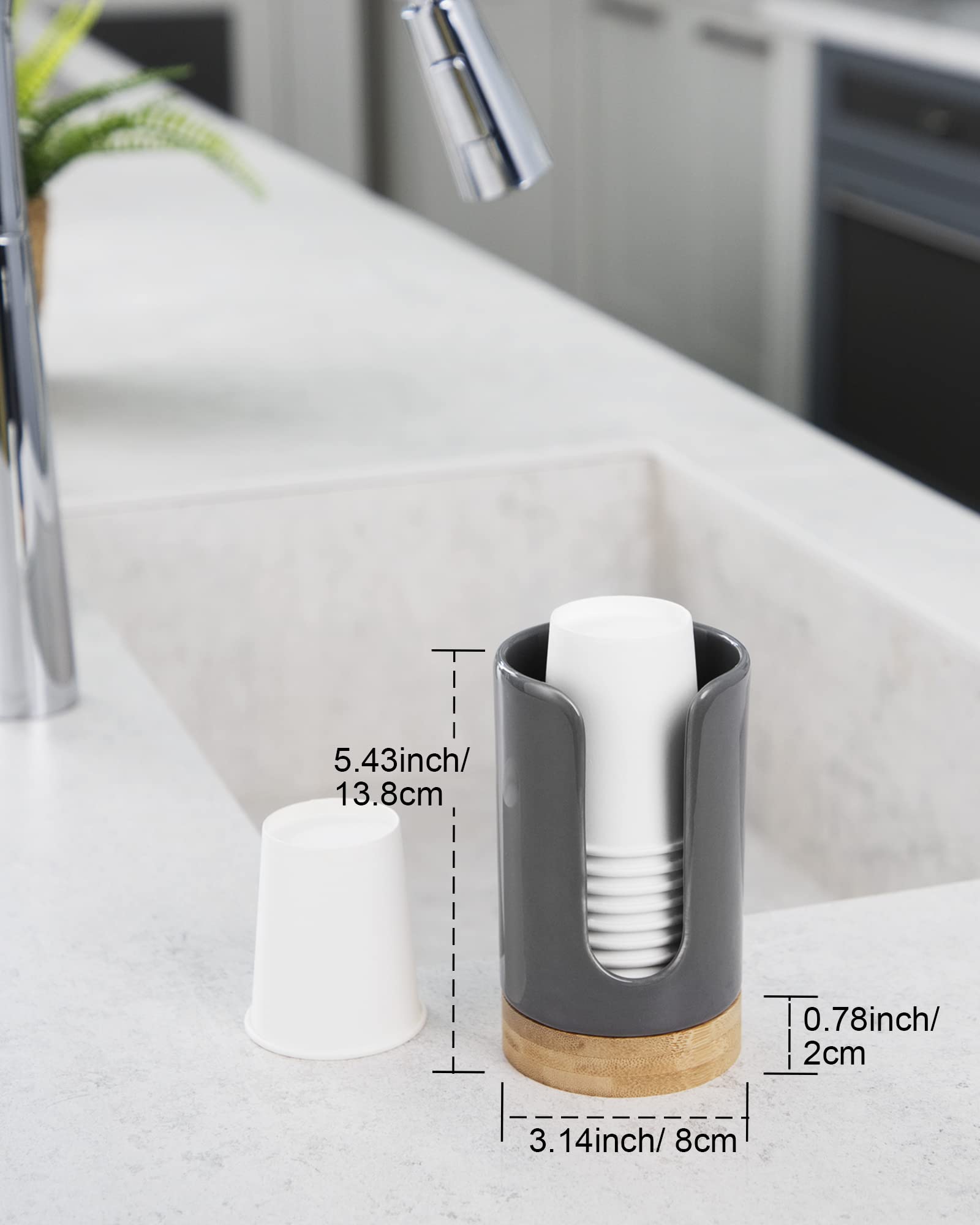 Ceramic Bathroom Cup Dispenser - 3-5 oz Disposable Paper & Plastic Cup Holder for Mouthwash, Guest Toiletries & Coffee - BPA-Free Countertop Organizer (Grey) - Perfect for Home, Office & Hotel Bathrooms