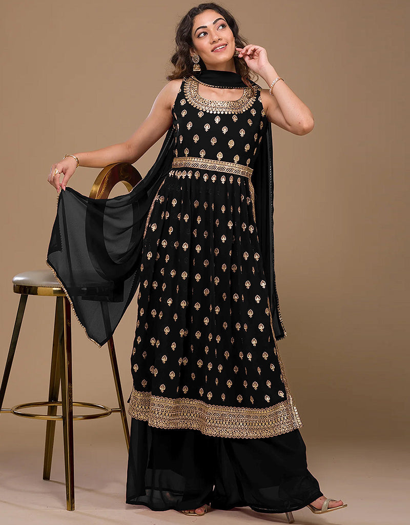 Black Faux Georgette Palazzo Straight Pants for Women - Comfortable Wide Leg Trousers for Office, Casual Wear & Special Occasions