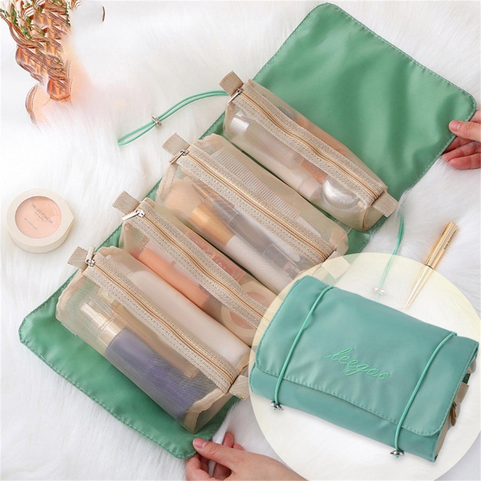 4 IN 1 Foldable Detachable Makeup Organizer with 4 Removable Mesh Compartments - Travel Cosmetic Bag & Toiletry Kit for Women | Perfect for Vacation, Gym, and Daily Essentials Storage
