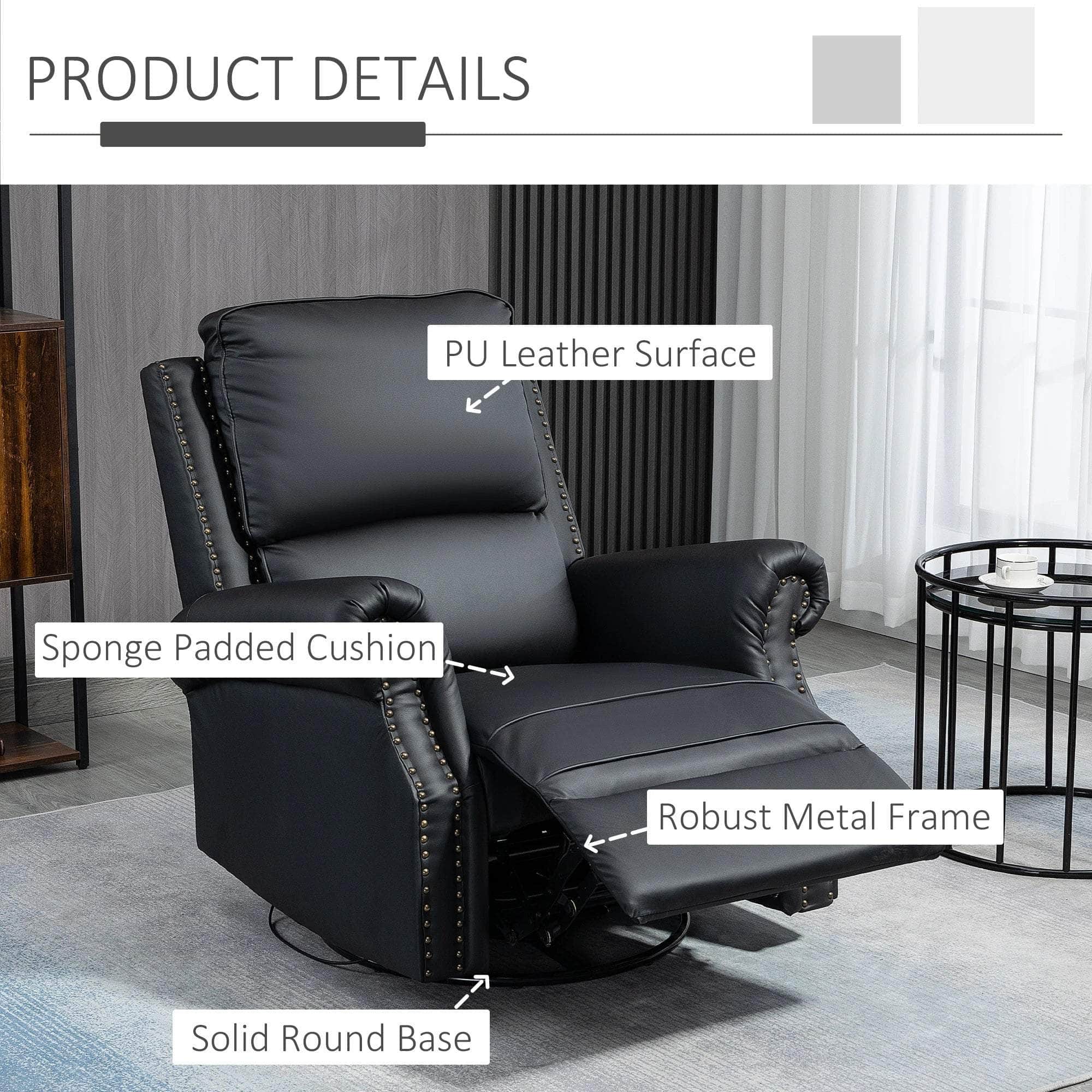 Faux Leather Swivel Rocker Recliner Chair with Nailhead Trim - Traditional Style Living Room Furniture for Relaxation & Comfort