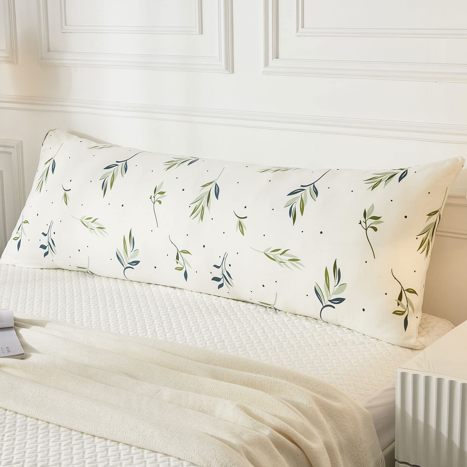 Green Botanical Leaves Body Pillow Cover 20x54 Inches with Pocket Closure - Boho Chic Pillow Case for Bedroom Decor, Couch & Dorm Room - Soft & Stylish Home Accessory
