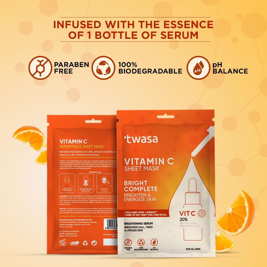 **Twa'sa Vitamin C Serum Face Sheet Mask - Korean Brightening & Dark Spot Correcting Glow Mask for Men & Women | Hydrating & Revitalizing for Glowing Skin | Perfect for Daily Skincare & Spa Nights**