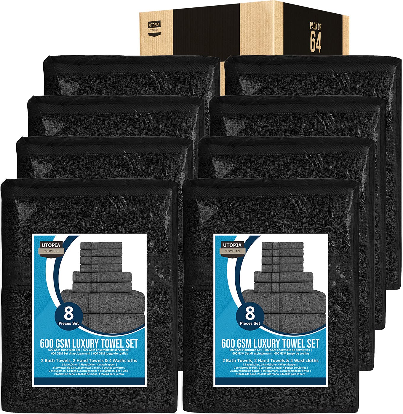 Utopia Towels Set - 16 Bath Towels, 16 Hand Towels, 32 Washcloths - 600 GSM Ring Spun Cotton Highly Absorbent Bathroom Towels for Shower, Spa, Gym & Guest Use (64-Piece Set, Black)