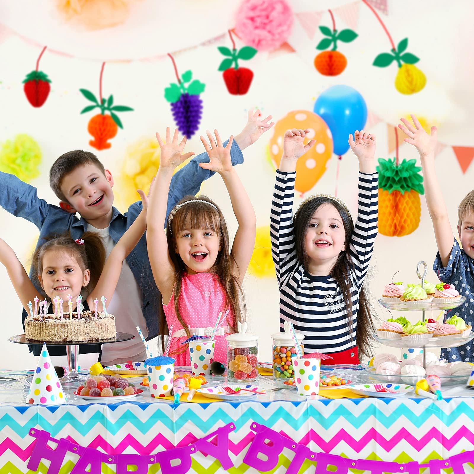14-Piece Honeycomb Fruit Tissue Paper Decorations Set - Pineapple, Strawberry Party Decor for Birthday, Wedding, Baby Shower | Table Centerpieces & Hanging Decorations for Home, Party, Event Decoration