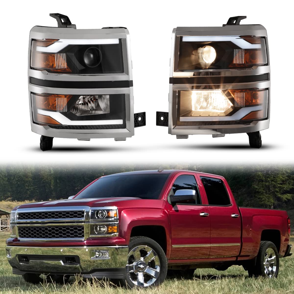 Nixon Offroad LED Headlights Assembly for Chevy Silverado 1500 2014-2015 - High/Low Beam Projector Headlights with DRL & Turn Signal - Matte Black Housing & Clear Lens (1 Pair) - Perfect for Night Driving & Off-Road Adventures