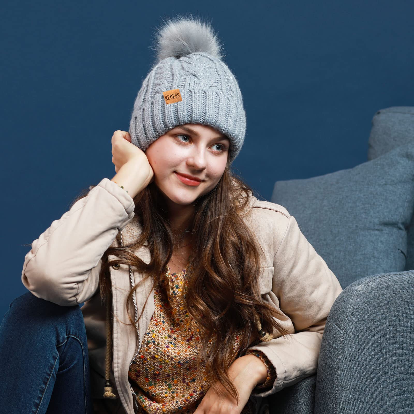 REDESS Women's Winter Pom Pom Beanie Hat - Fleece Lined Warm Knit Skull Cap for Cold Weather | Cozy Slouchy Snow Hat for Skiing, Snowboarding & Outdoor Activities