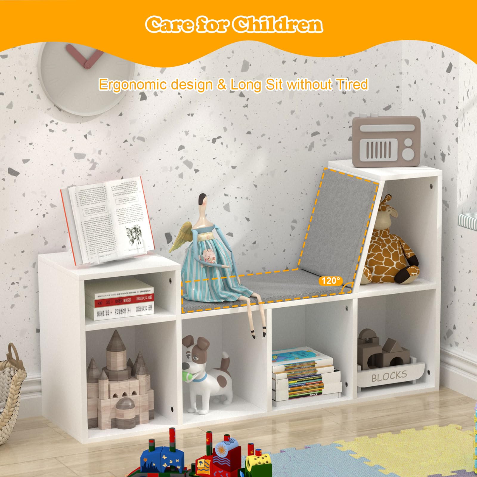 Kids Reading Nook with Bench & Toy Storage - 6-Cubby Bookcase with Seat Cushion for Toddlers | Children's Bookshelf Organizer for Bedroom, Playroom, Classroom & Nursery | Perfect for Storytime, Learning & Play Spaces