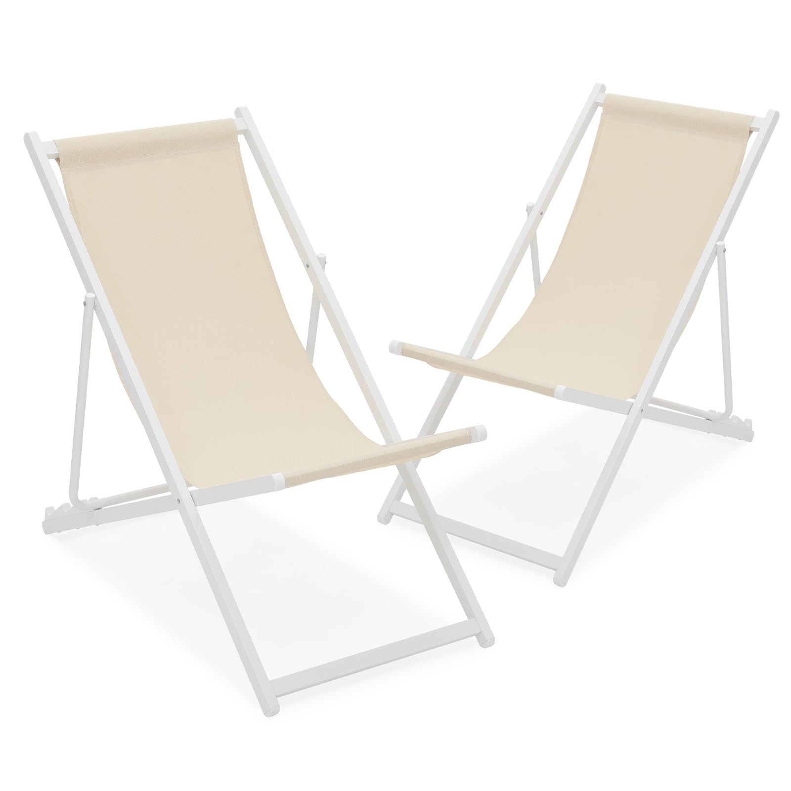 MoNiBloom Foldable Outdoor Adjustable Beach Patio Sling Chairs - Portable Aluminum Frame Lounge Folding Chair Set of 2 (Beige) - Perfect for Poolside, Backyard, Camping & Picnics