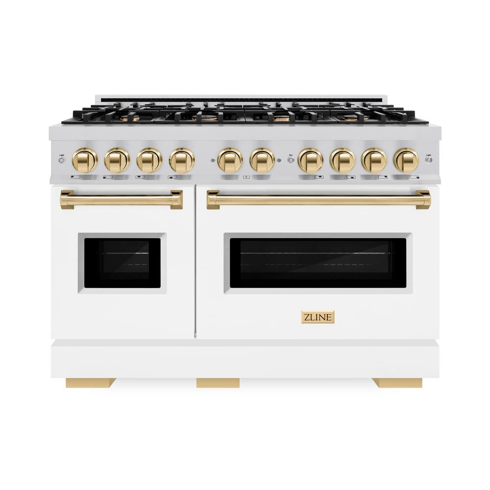 ZLINE Autograph Edition 48-inch 6.7 cu. ft. Classic Double Oven Dual Fuel Range with 8-Burner Gas Cooktop - Stainless Steel with White Matte Doors & Polished Gold Accents (CDRZ WM 48 G) - Perfect for Professional Kitchens & Luxury Home Cooking