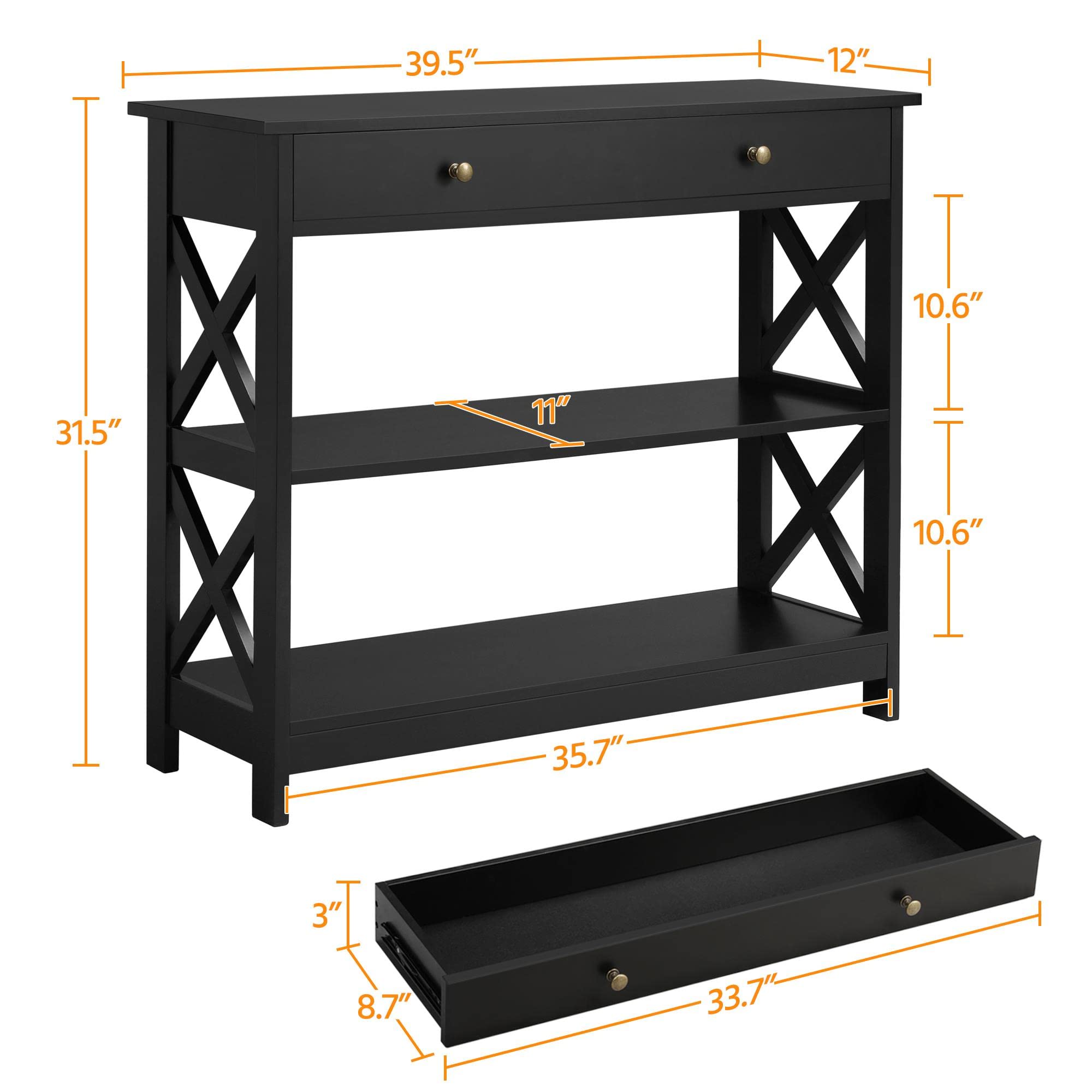 Topeakmart Narrow Console Table with 1 Drawer & 2 Open Shelves - X-Shaped Design Sofa Side Table for Entryway, Living Room, Bedroom - Black Accent Furniture for Small Spaces & Home Decor