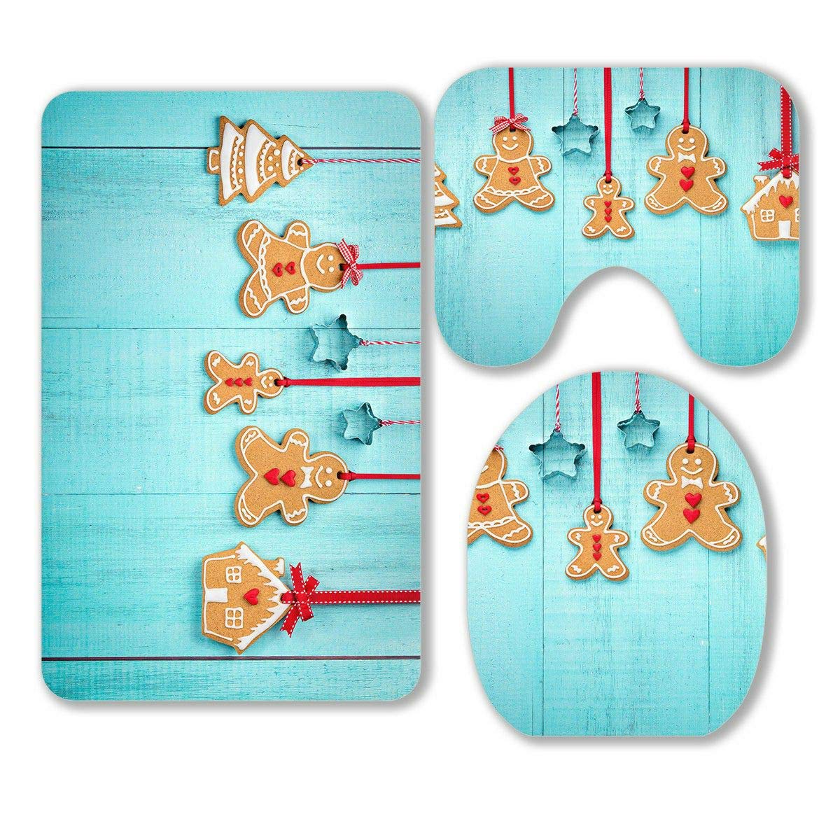 Happy Gingerbread Family 3-Piece Bathroom Rug Set - Non-Slip Contour Mat, Toilet Lid Cover, and Hanging Border in Blue - Perfect for Holiday Decor, Christmas Bathroom, and Cozy Home Decor