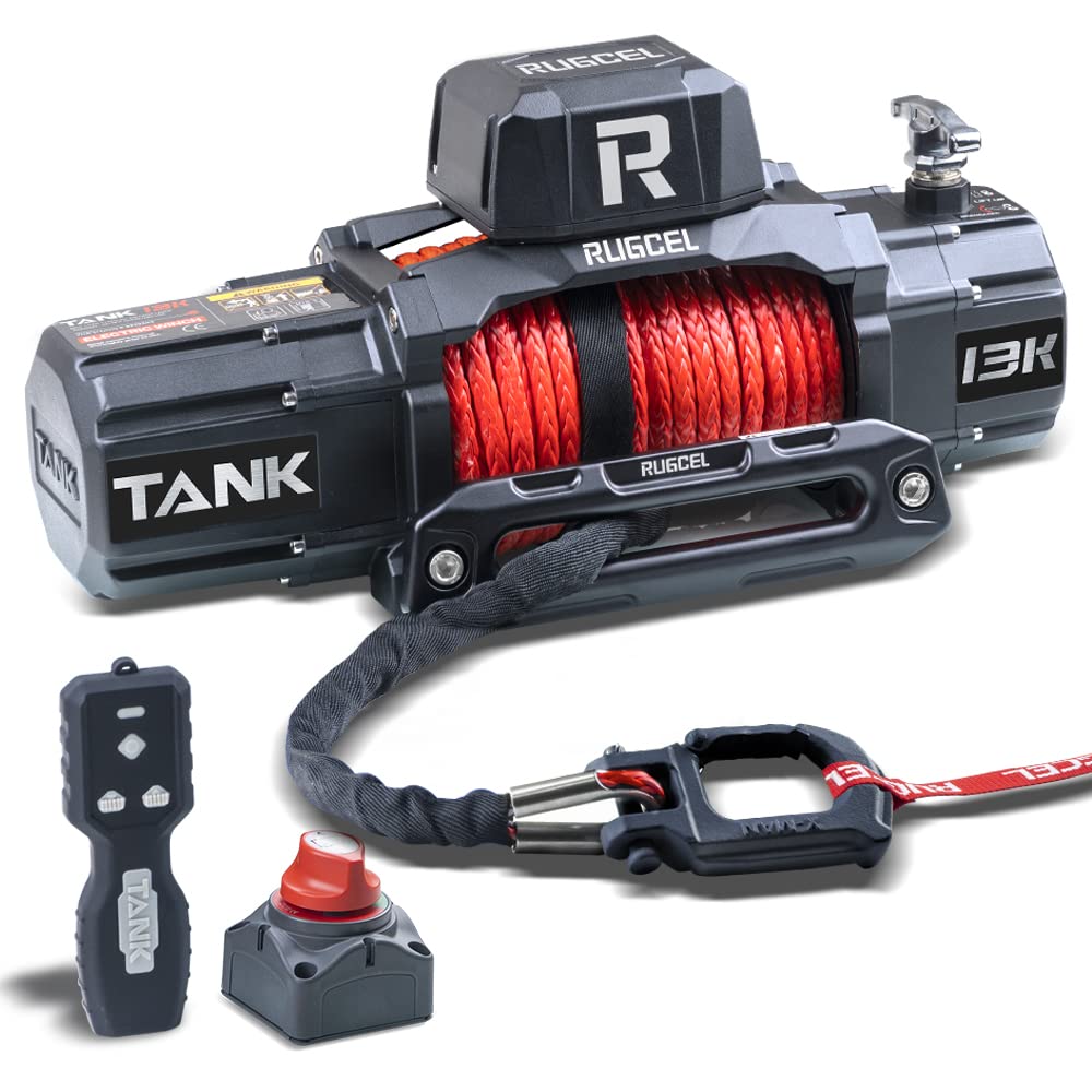 RUGCEL 13500lb Waterproof Electric Winch with Synthetic Rope - 12V Truck & SUV Winch Kit with Hawse Fairlead, 2-in-1 Infrared/Wired Remote Control (Red Rope) - Perfect for Off-Road Recovery, Towing, and Heavy-Duty Vehicle Extraction