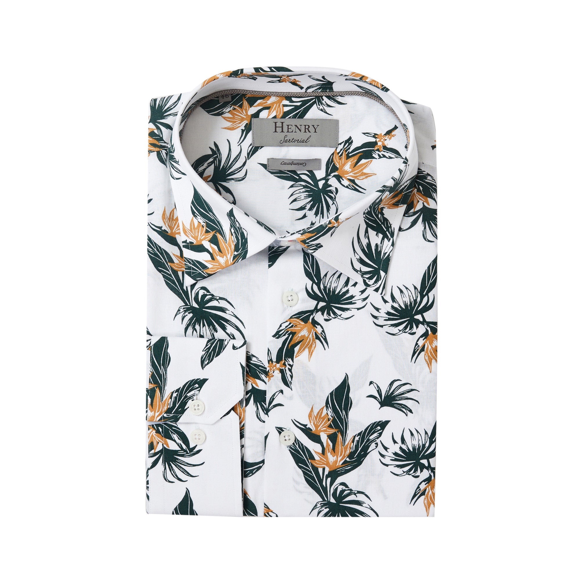 HENRY SARTORIAL Men's Premium Blended Cotton & Linen Short Sleeve Shirt with Palm Print - Breathable Summer Casual Wear for Beach Vacation and Tropical Outings