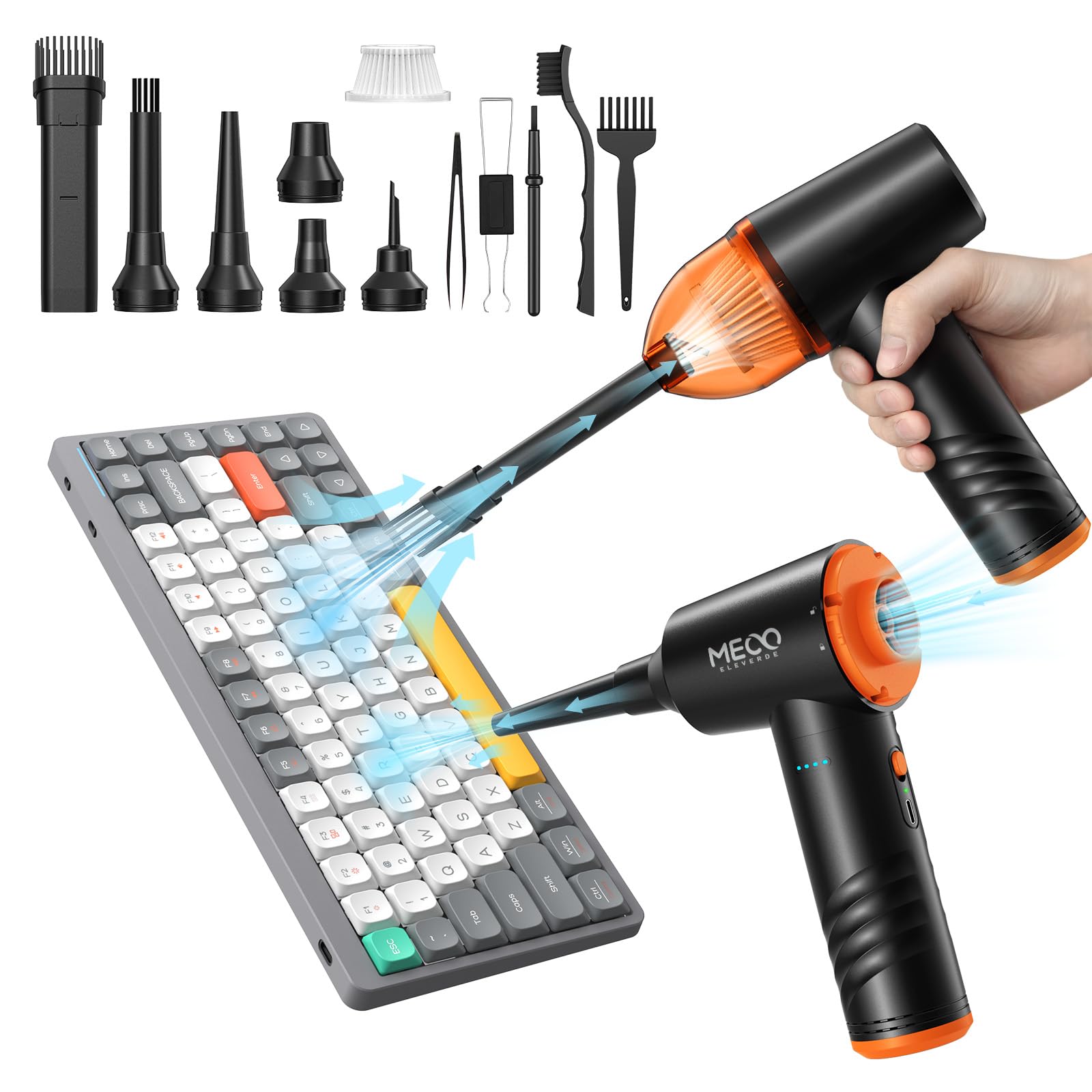 MECO 4-in-1 Cordless Electric Air Duster & Mini Vacuum Cleaner - 110,000 RPM High Speed, 13,000PA Strong Suction - Keyboard Cleaner for PC, Computer, Laptop, Car Interior, Sofa & Home Office Cleaning (Orange)