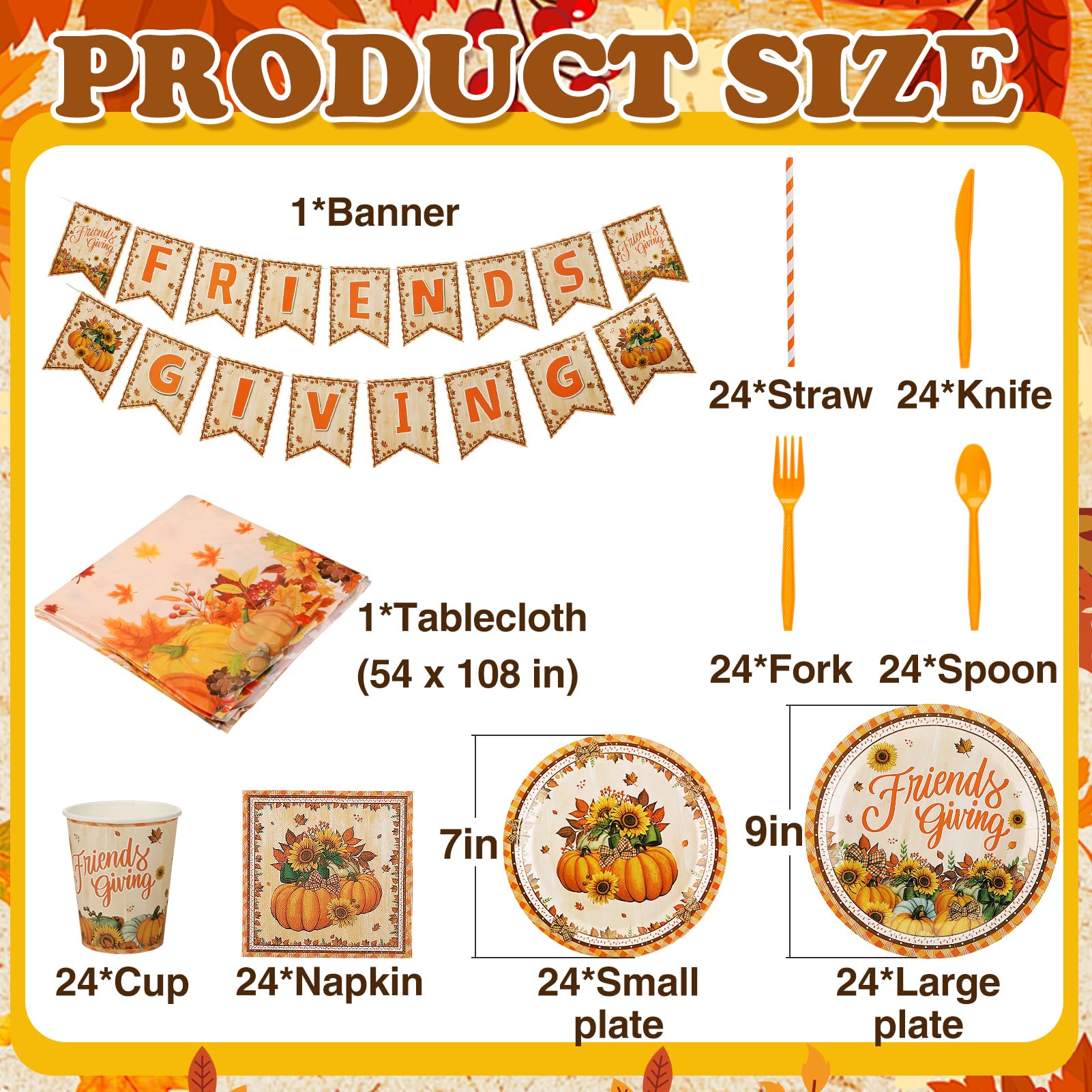 Friendsgiving Party Decorations Set - 194pcs Thanksgiving Tableware Kit with Pumpkin Plates, Cups, Forks & Napkins for 24 Guests | Thanksgiving Dinner Decor, Friendsgiving Table Setting for Holiday Gatherings & Family Feasts