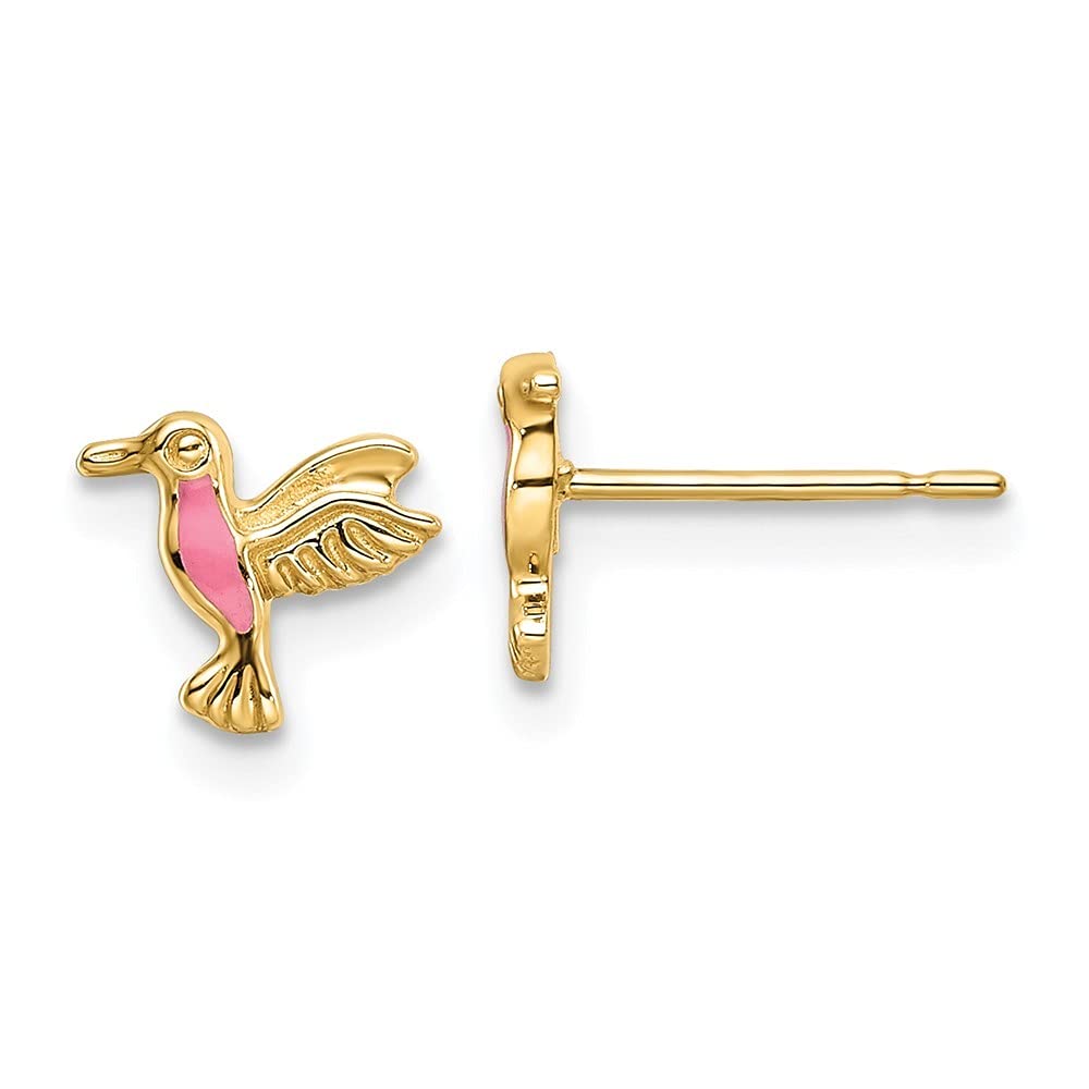 14K Gold Pink Enamel Hummingbird Stud Earrings - 7x8mm Dainty Floral Jewelry for Women - Perfect Gift for Birthday, Anniversary & Everyday Wear