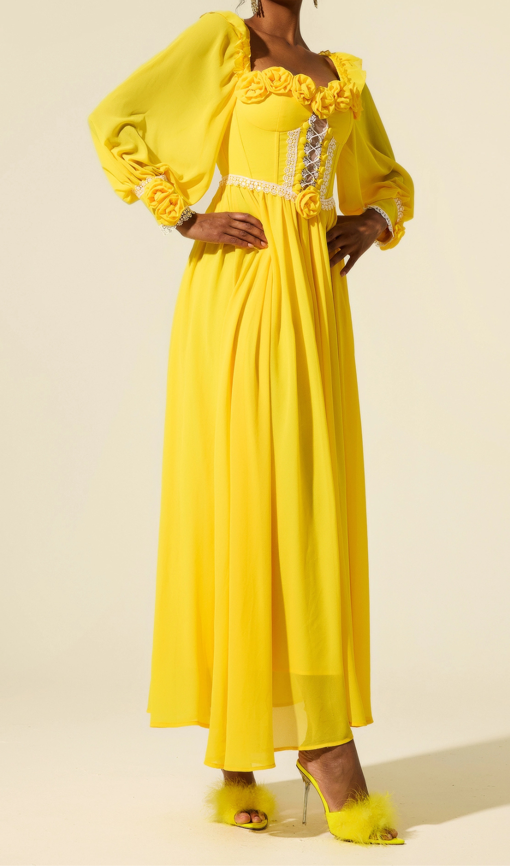 Elegant Yellow Chiffon 3D Flower Long Sleeve Midi Dress for Women | Summer Wedding Guest Dress & Party Cocktail Attire