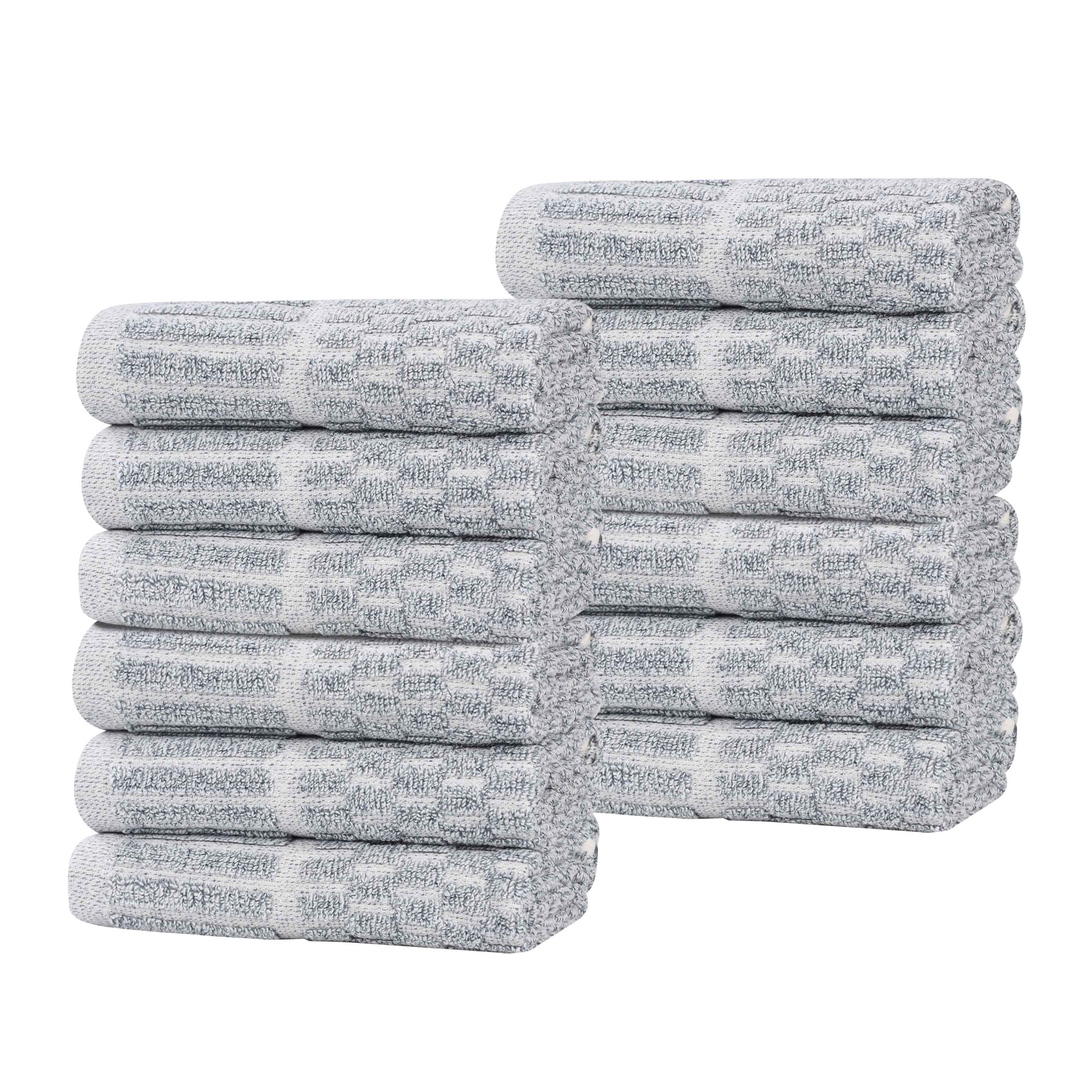 Premium 12-Pack Juno Cotton Blend Checkered Border Face Towels | Medium Weight, Soft & Absorbent | Perfect for Bathroom, Spa, Gym & Travel
