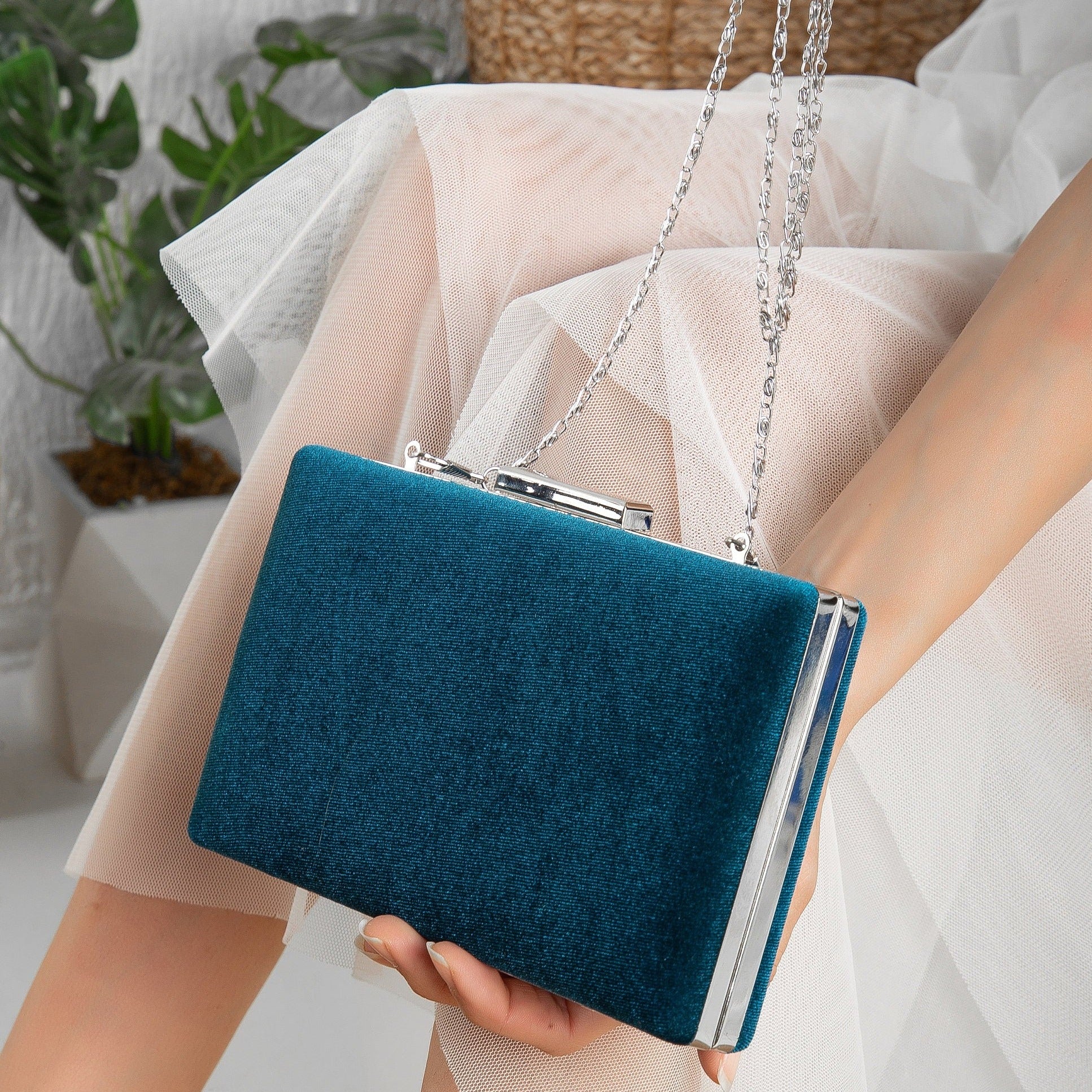 Elegant Teal Blue Velvet Clutch Purse for Women | Small Evening Bag with Wrist Strap | Perfect for Parties, Weddings & Special Occasions