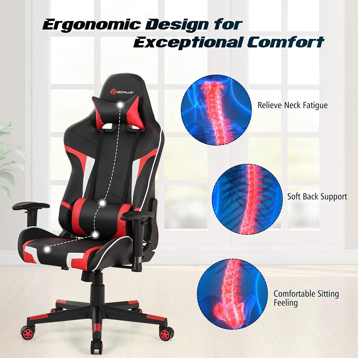 Ergonomic Massage Gaming Chair - High Back Office Computer Chair with Adjustable Headrest & Lumbar Support, Racing Style Recliner Swivel Chair for Home & Gaming - Perfect for Esports, Work from Home & Relaxation (Red)