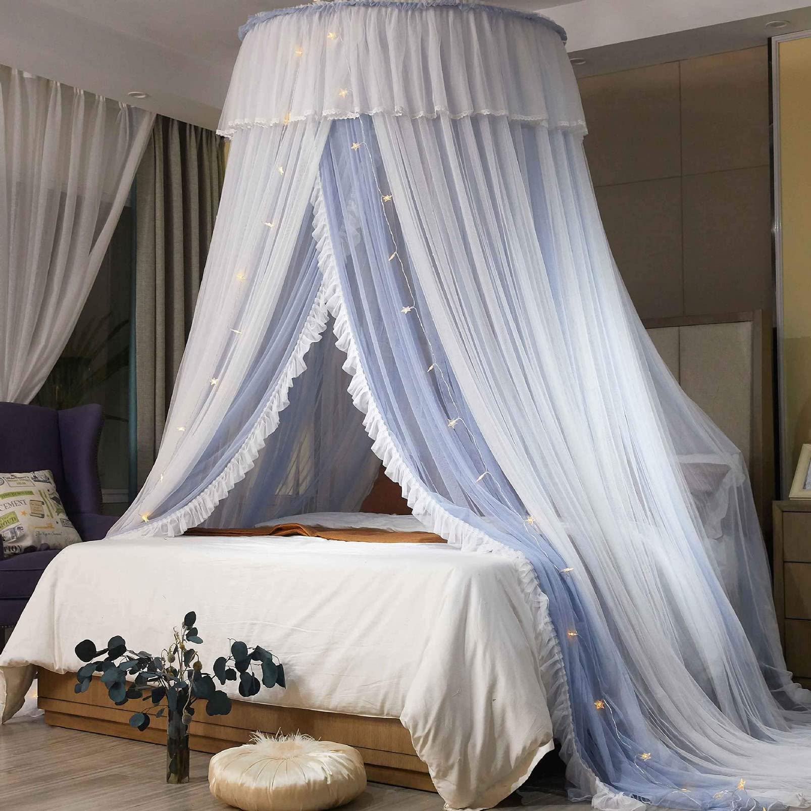 PHSHH Round Lace Princess Bed Canopy with LED Star Lights - Double Layer Sheer Mosquito Net for Girls' Bedroom Decor | Perfect for Kids' Room, Nursery, and Romantic Bedroom Settings