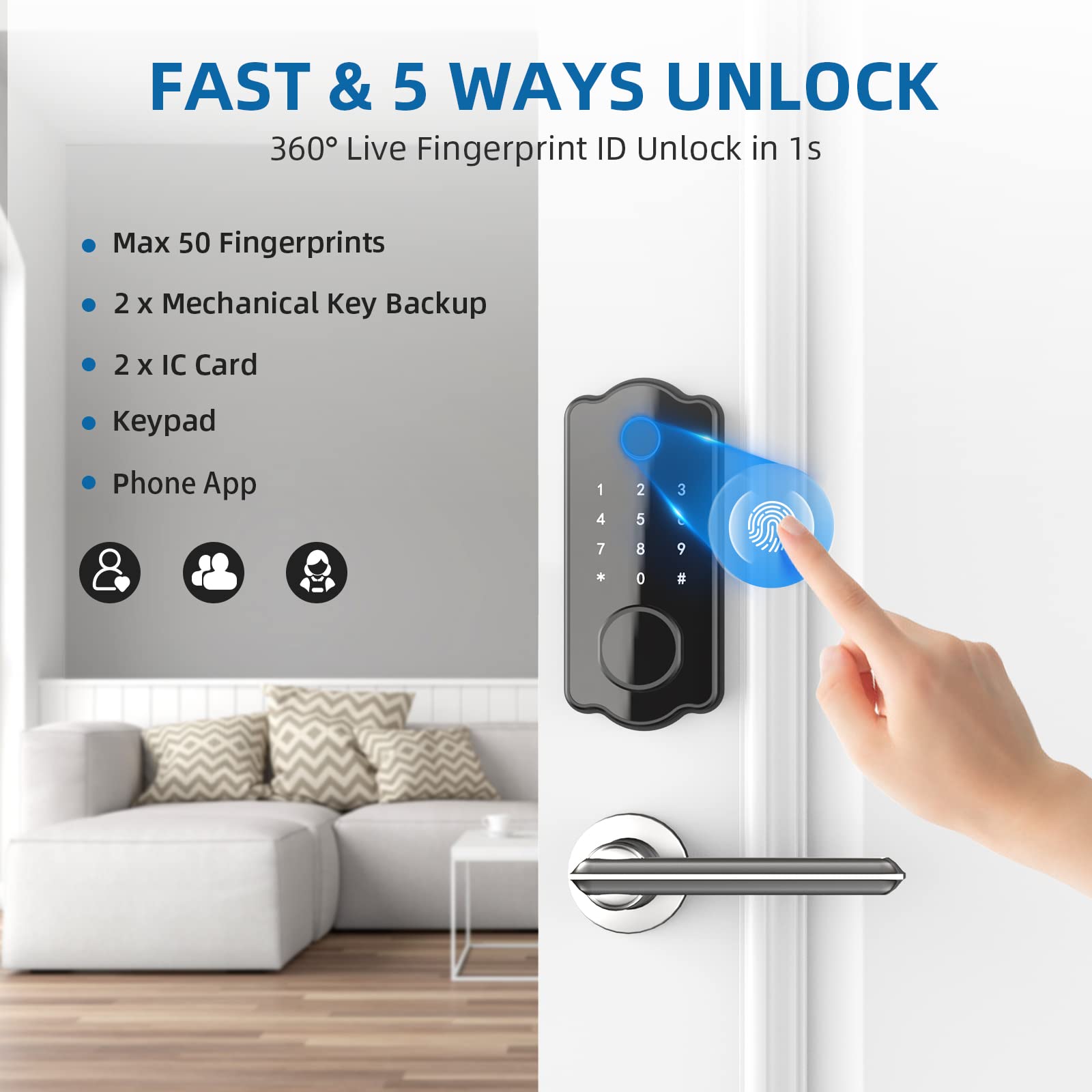 **PIONEERWORKS 5-in-1 Smart Keyless Entry Door Lock – Fingerprint, IC Card, Keypad, App & Key Access, Auto-Lock, Locking History – Black | Secure Your Home, Office & Vacation Rental**