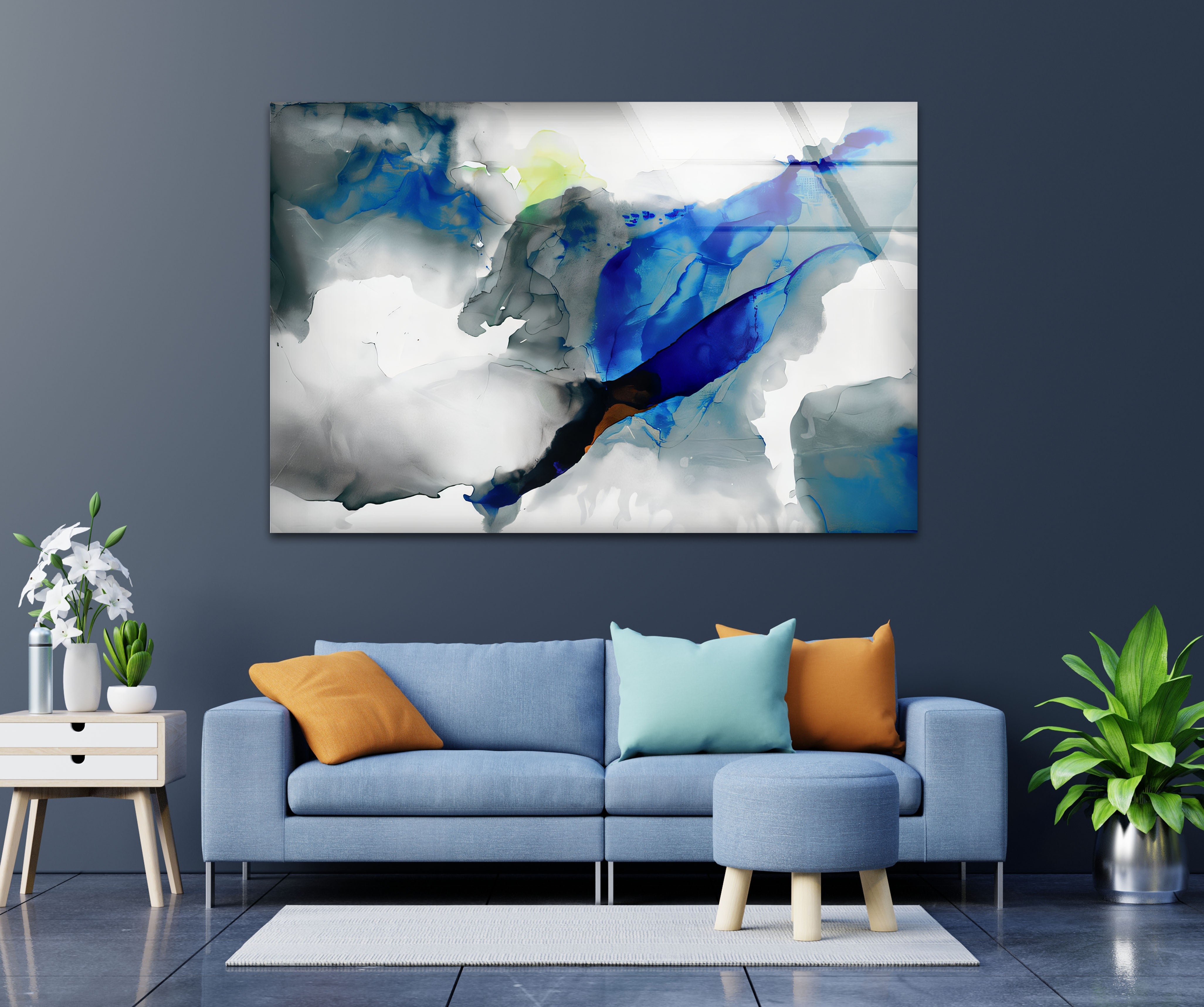Azure Drift - Modern Abstract Blue Glass Wall Art Decor for Living Room, Bedroom & Office | Handmade Contemporary Artwork for Home & Office Interior Design