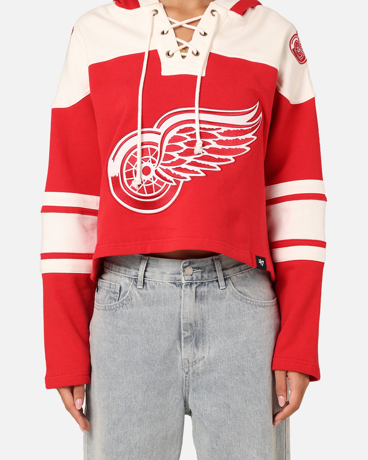 47 Brand Women's Detroit Red Wings Cropped Lace-Up Hoodie - Red | NHL Fan Apparel for Women | Perfect for Game Day & Casual Wear
