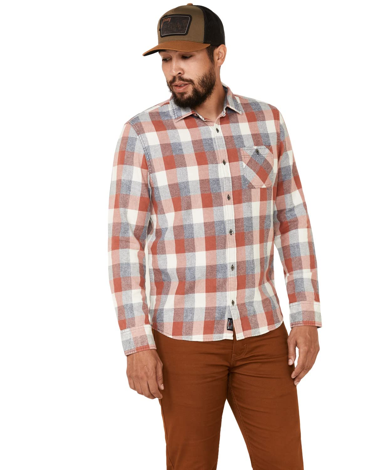 Vintage Wash Plaid Long Sleeve Button-Down Shirt for Men - Distressed American Flag & Anthem Design - Casual, Work & Outdoor Wear - DS-SP21WS128-RUSNVY XX