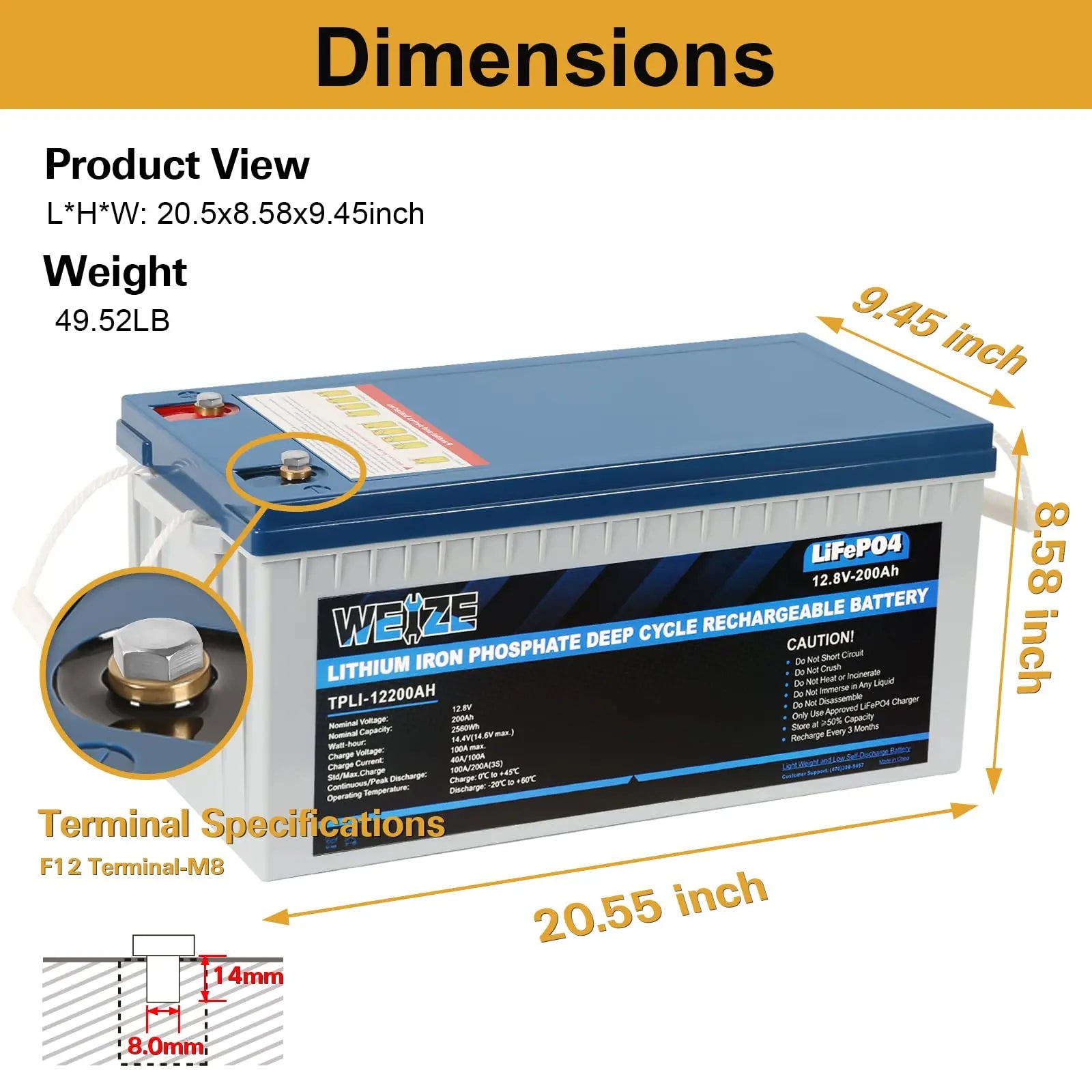 WEIZE 12V 200Ah 2560Wh LiFePO4 Deep Cycle Lithium Battery - Perfect for Solar Power Systems, RVs, Marine & Off-Grid Applications