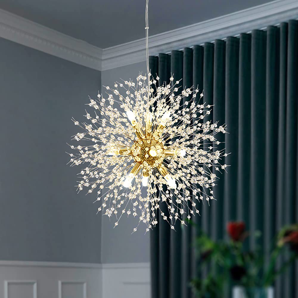 Qamra Modern Gold Crystal Chandelier - 9-Light Firework Dandelion Sputnik Pendant Lighting Fixture for Dining Room, Bedroom, Kitchen & Living Room | Elegant Ceiling Light for Home Decor, Wedding & Restaurant Lighting