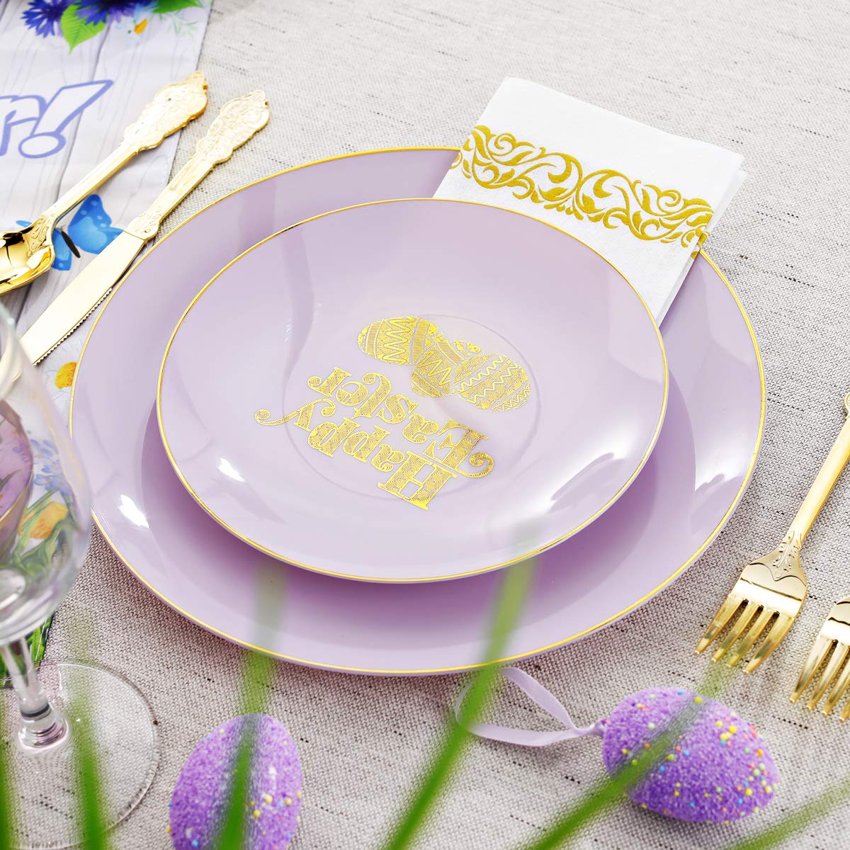 150-Piece Easter Party Tableware Set - Purple & Gold Disposable Plates, Forks, Knives, Spoons & Cups for Easter Celebrations - Perfect for Easter Brunch, Egg Hunts & Spring Gatherings
